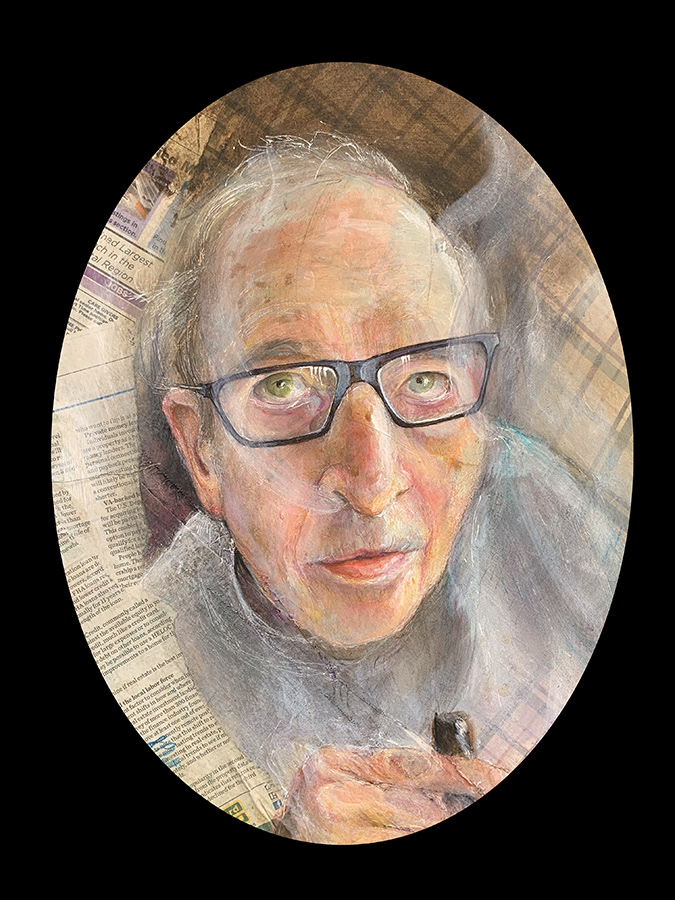 "Overmedicated" Acrylic, and fabric on canvas.