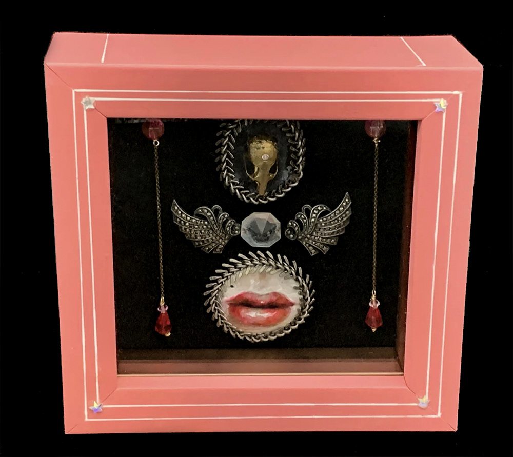 "Lips" Shadowbox with painting, mouse skull and antique jewelry.