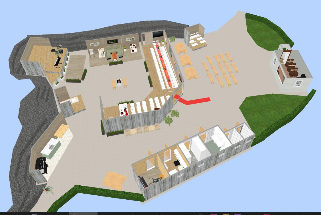 Skisse for området mellom scenen (bak til venstre.) og kapellet (til høgre). Me håpar å få alt dette ferdig i løpet av sommaren 2025. 
