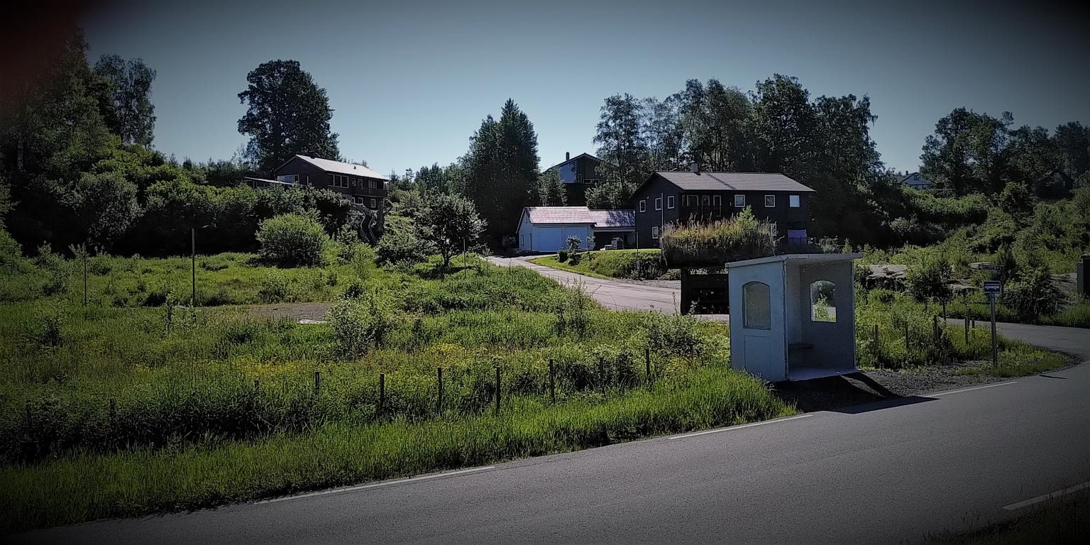 Hovudvegen i framkant. Vegen oppover mellom husa, går innover til skogen og GULLHAUG.