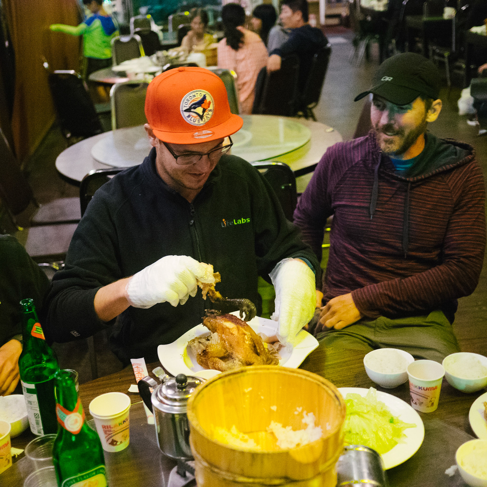 Décorticage de poulet avec les gants