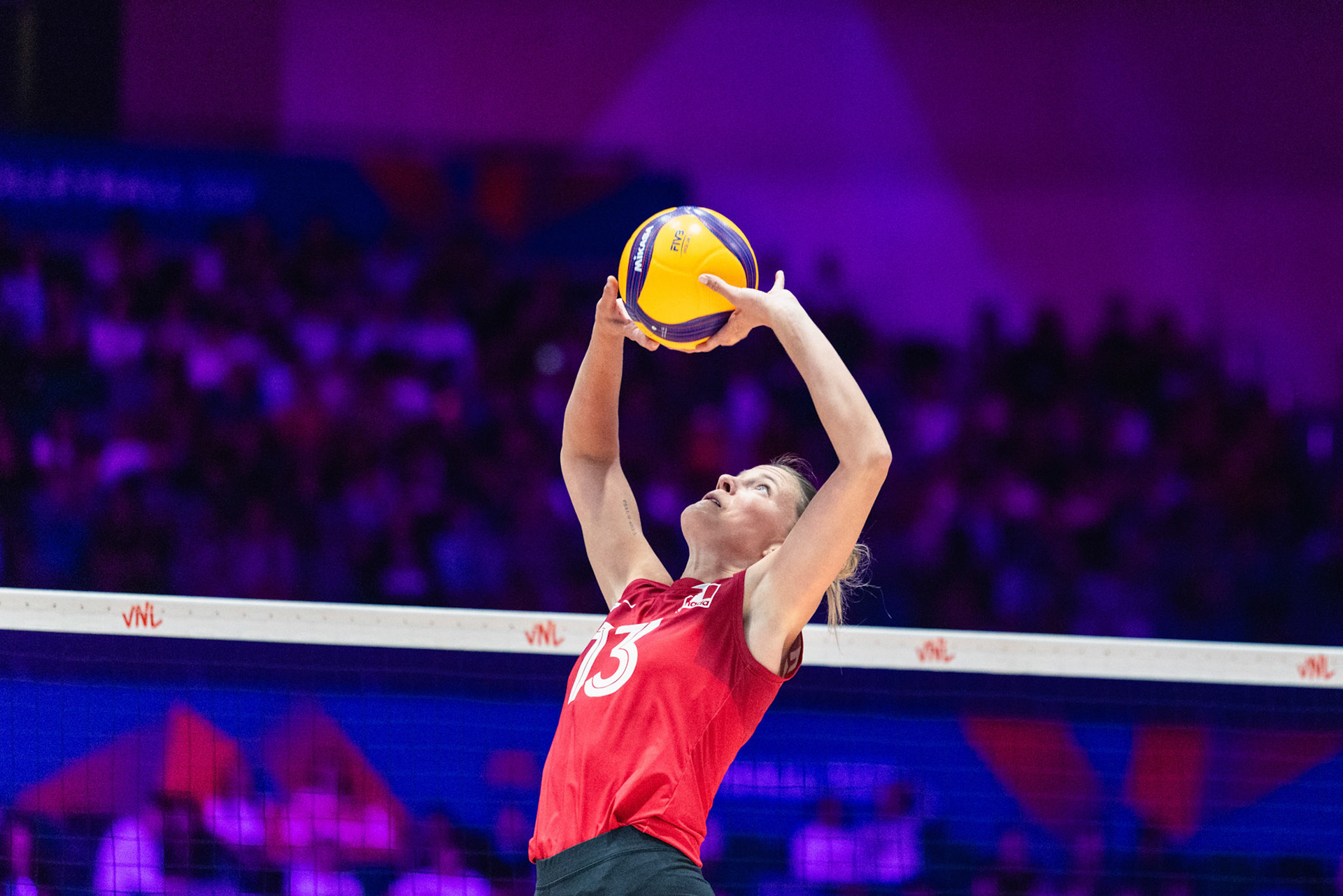 HONG KONG, China - JULY  08: Brie Fransen of Canada sets the ball for a teammate during Volleyball Nations League Hong Kong 2026 at Kai Tak Arena on July 8, 2026 in Hong Kong, China, (Photo by Jack Ng/Alamy Live News)