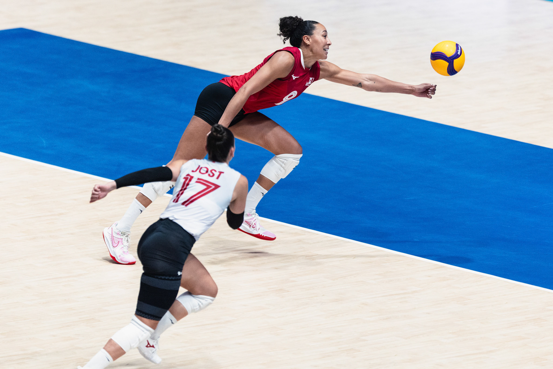 HONG KONG, China - JULY  12: Alexa Gray (No. 9) of Canada saves a spike of the opponent during Volleyball Nations League Hong Kong 2026 at Kai Tak Arena on July 12, 2026 in Hong Kong, China, (Photo by Jack Ng/Pixel Images Hong Kong)