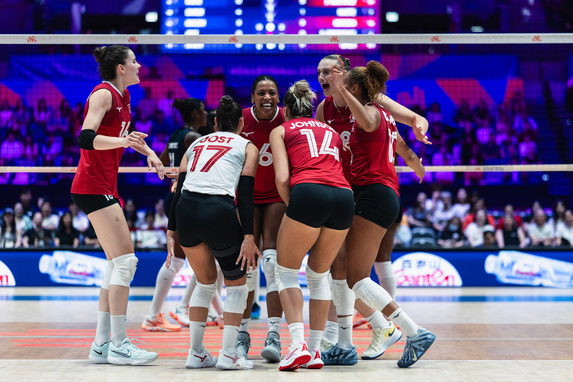 HONG KONG, China - JULY  12: Players of Canada celebrate scoring a point during Volleyball Nations League Hong Kong 2026 at Kai Tak Arena on July 12, 2026 in Hong Kong, China, (Photo by Jack Ng/Pixel Images Hong Kong)