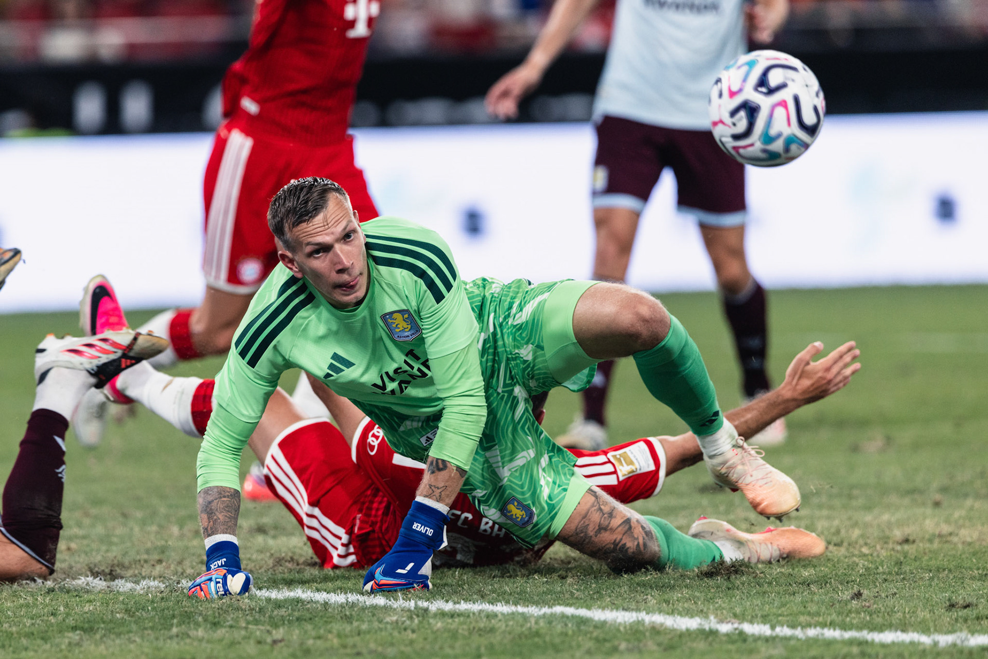 HONG KONG, China - AUGUST 07: Marco Bizot (No. 1) of Aston Villa makes a save to deny a goal during 2026 Audi Football Summit - Bayern Munich vs Aston Villa at Kai Tak Stadium on August 7, 2026 in Hong Kong, China, (Photo by Jack Ng/Alamy Live News)