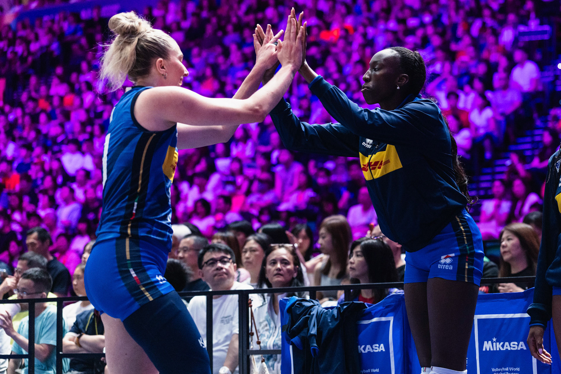 HONG KONG, China - JULY  12: Paola Egonu (No. 18) of Italy celebrates scoring a point with Anna Danesi (No. 11) of Italy during Volleyball Nations League Hong Kong 2026 at Kai Tak Arena on July 12, 2026 in Hong Kong, China, (Photo by Jack Ng/Pixel Images Hong Kong)