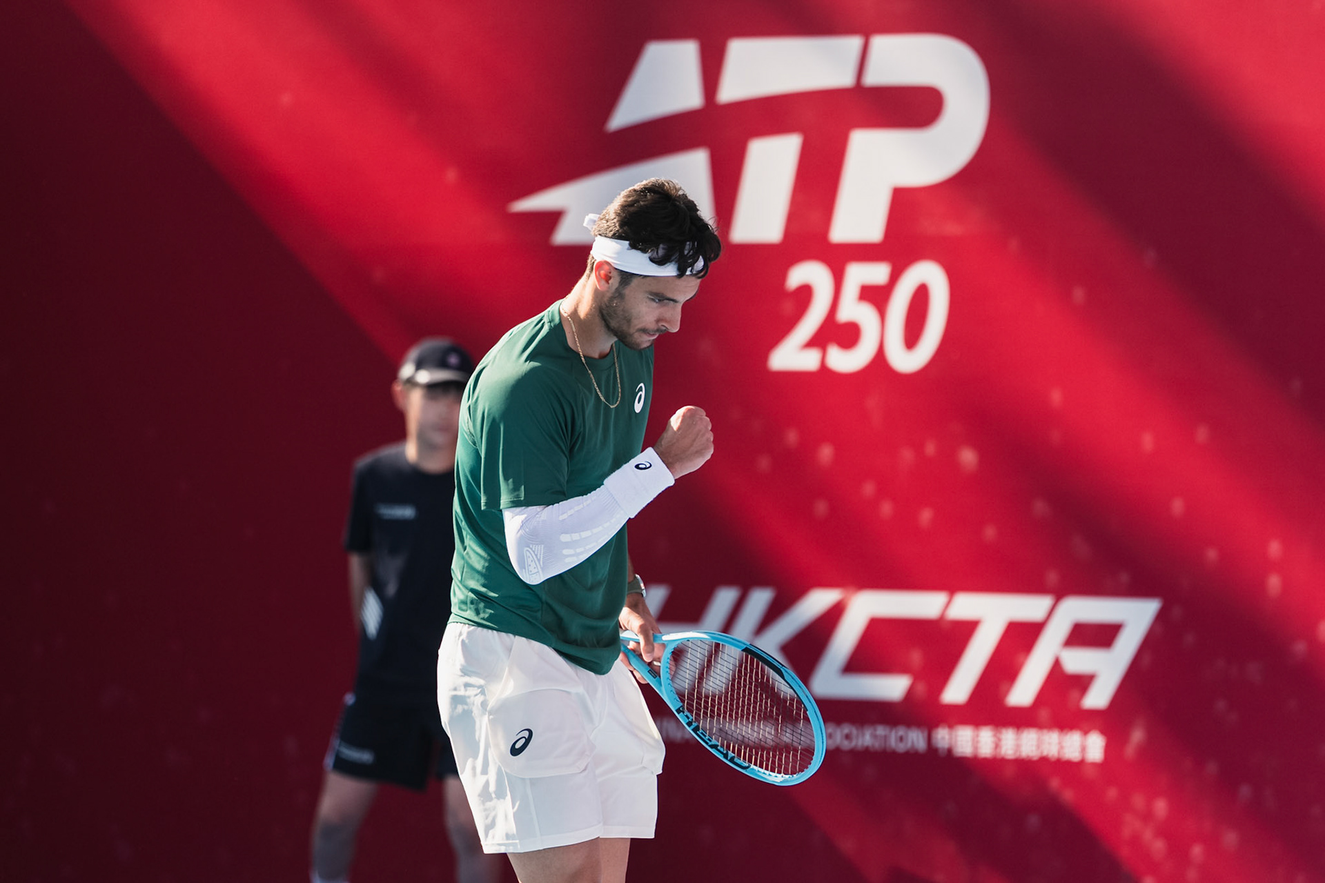 HONG KONG, China - JANUARY 09: Lorenzo Musetti of Italy celebrates after winning a point during the Bank of China Hong Kong Tennis Open 2026 (ATP 250) men's single quarter finals match against Coleman Wong of Hong Kong, China at Victoria Park Tennis Centre Court on January 9, 2026 in Hong Kong, China, (Photo by Jack Ng/Alamy Live News)