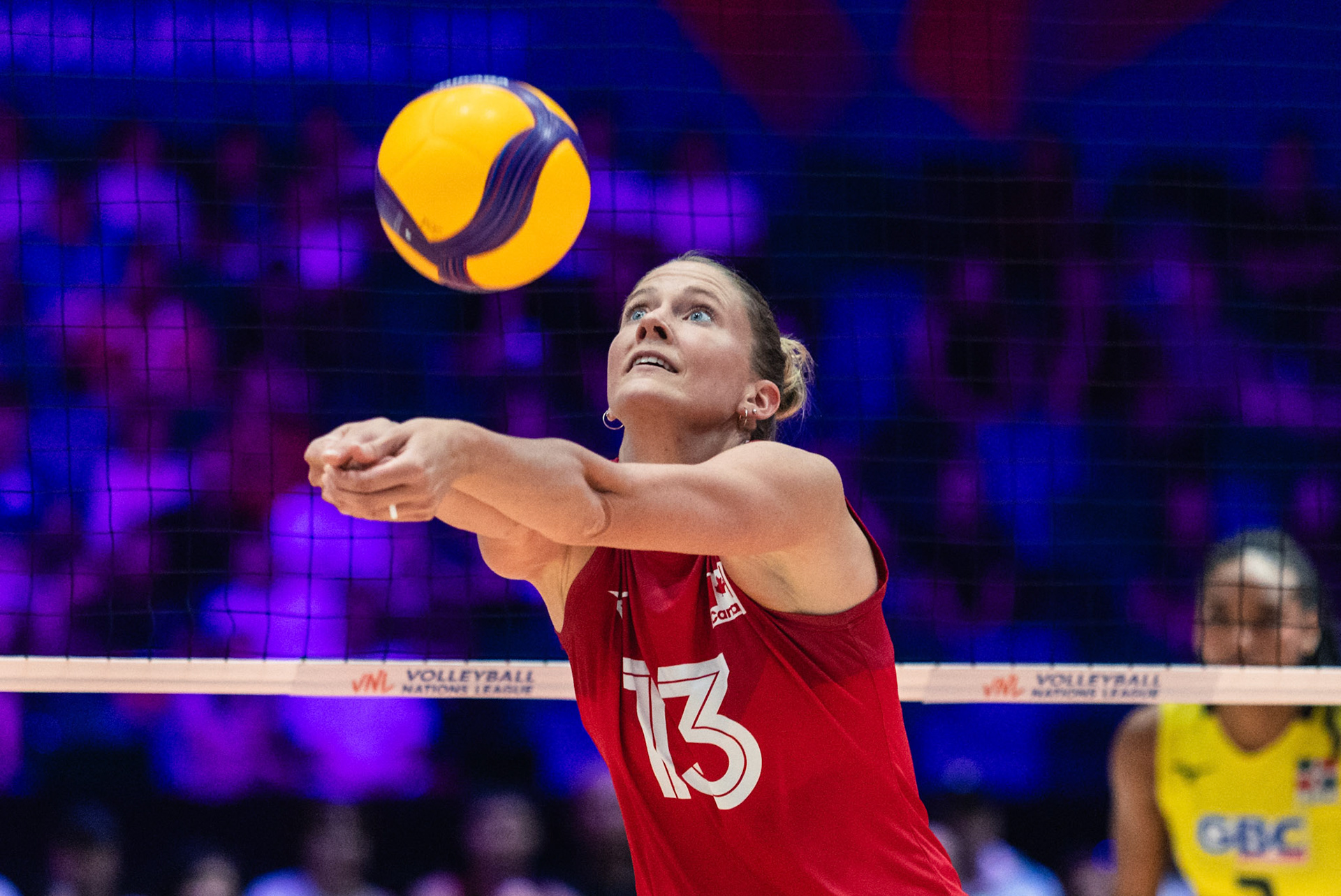 HONG KONG, China - JULY  12: Brie Fransen (No. 13) of Canada sets the ball for a teammate during Volleyball Nations League Hong Kong 2026 at Kai Tak Arena on July 12, 2026 in Hong Kong, China, (Photo by Jack Ng/Pixel Images Hong Kong)
