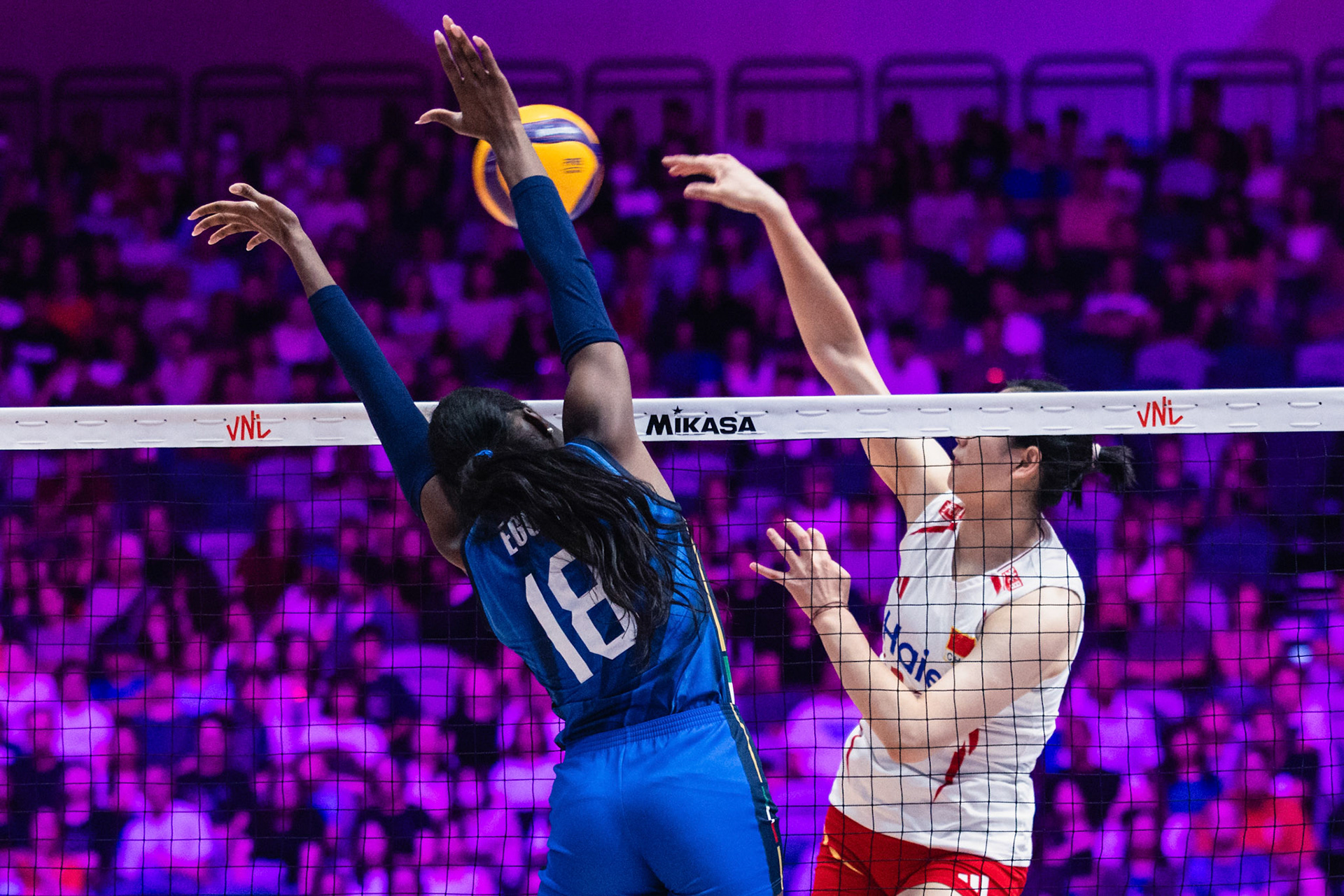 HONG KONG, China - JULY  12: Paola Egonu (No. 18) of Italy blocks an opponent attack during Volleyball Nations League Hong Kong 2026 at Kai Tak Arena on July 12, 2026 in Hong Kong, China, (Photo by Jack Ng/Pixel Images Hong Kong)