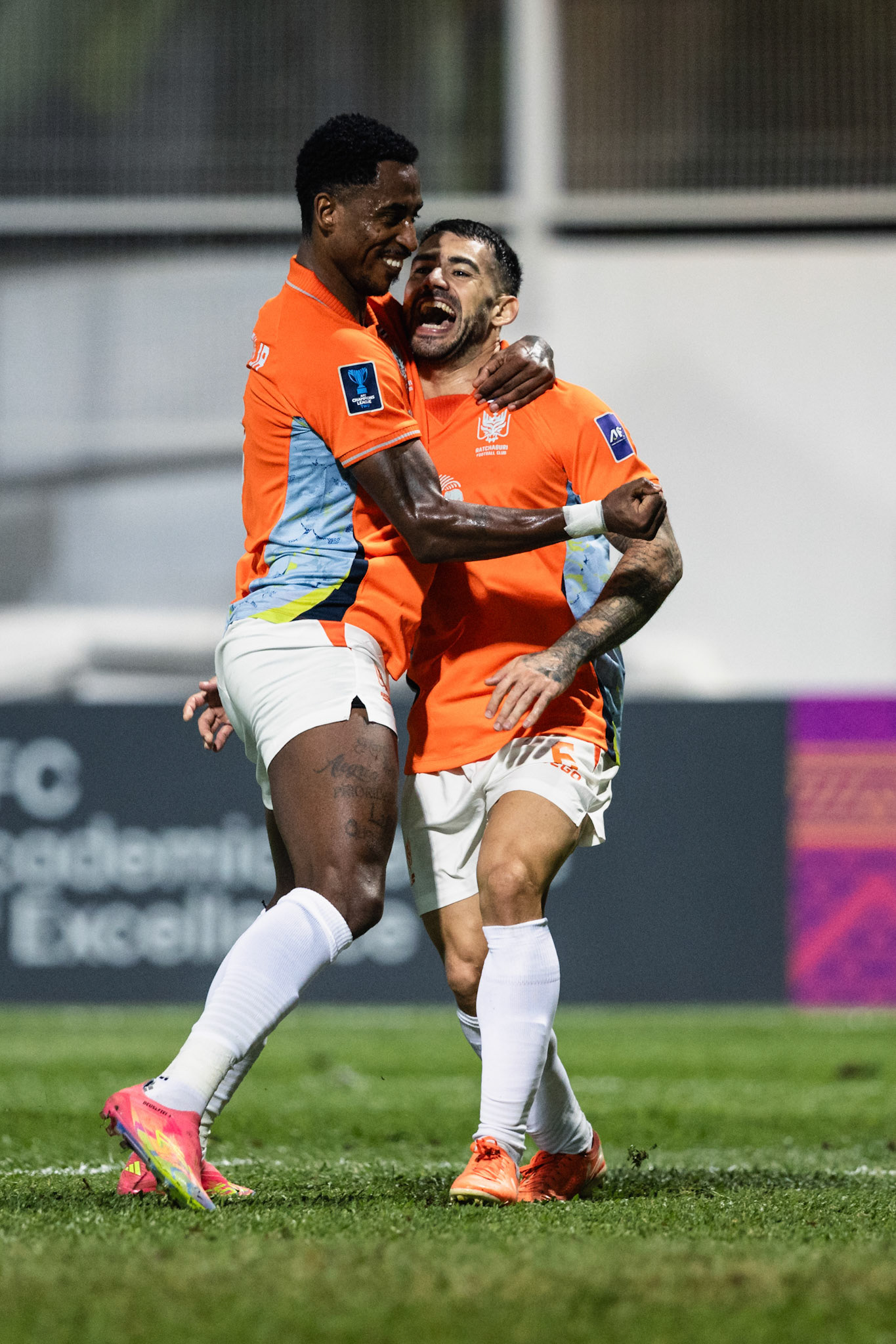 Mong Kok Stadium, HONG KONG, China: Tana of Ratchaburi FC (R) celebrates with Denilson of Ratchaburi FC (L) after scoring during AFC Champions League TWO - Eastern FC vs Ratchaburi FC at Mong Kok Stadium on November 5, 2025 in Hong Kong, China, (Photo by Jack Ng/Alamy Live News)