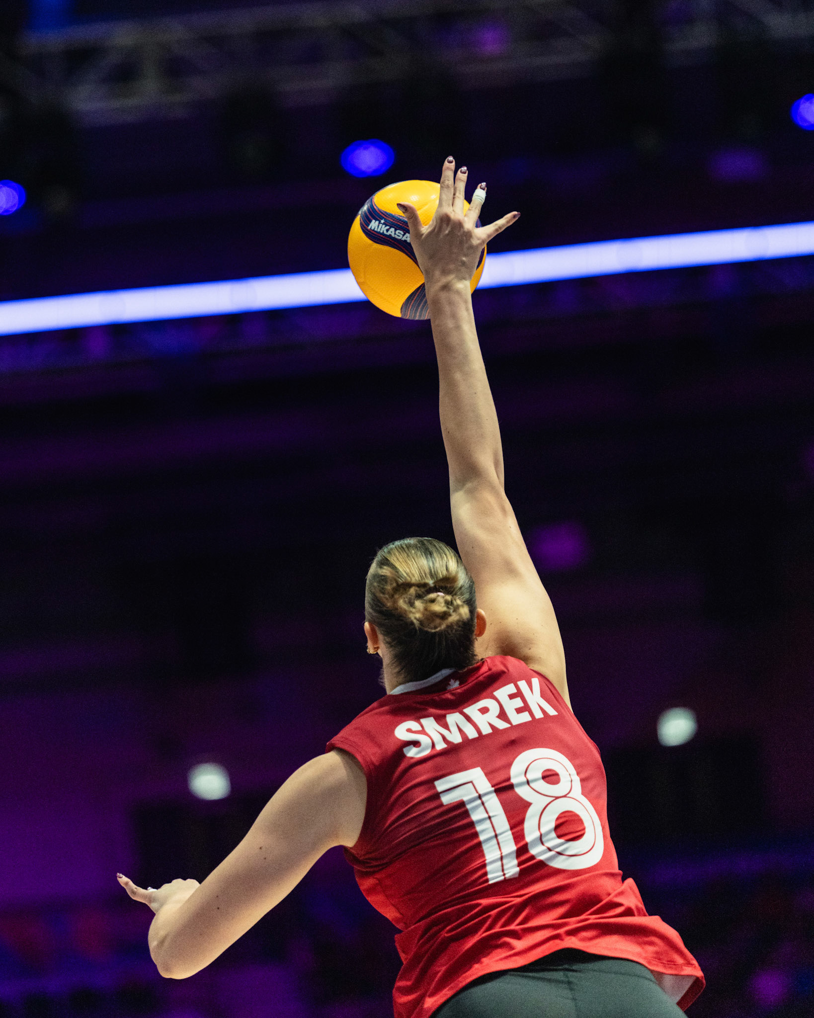 HONG KONG, China - JULY  12: Anna Smrek (no 18) of Canada serves the ball to start the rally during Volleyball Nations League Hong Kong 2026 at Kai Tak Arena on July 12, 2026 in Hong Kong, China, (Photo by Jack Ng/Pixel Images Hong Kong)