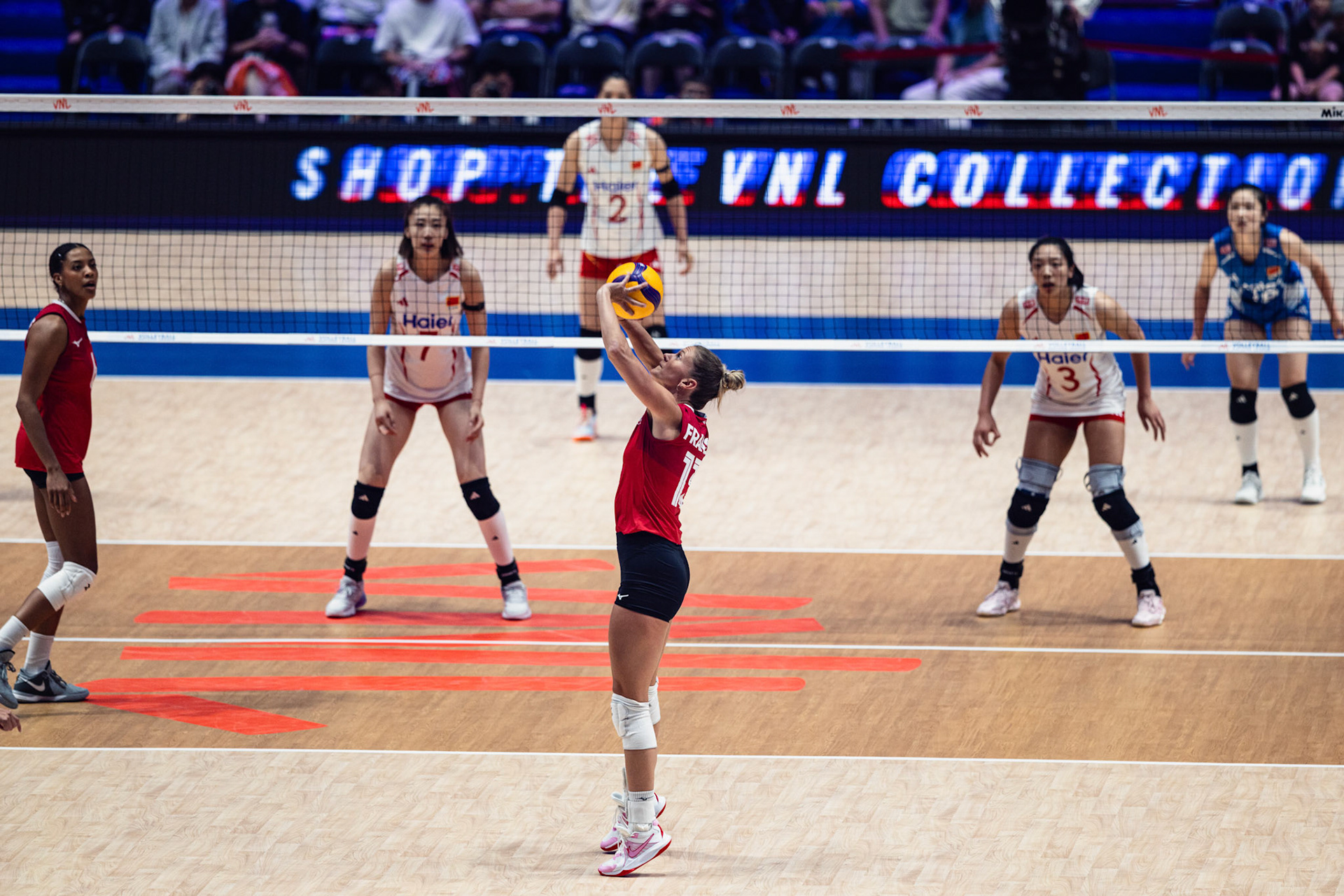 HONG KONG, China - JULY  08: Brie Fransen of Canada sets the ball for a teammate during Volleyball Nations League Hong Kong 2026 at Kai Tak Arena on July 8, 2026 in Hong Kong, China, (Photo by Jack Ng/Alamy Live News)