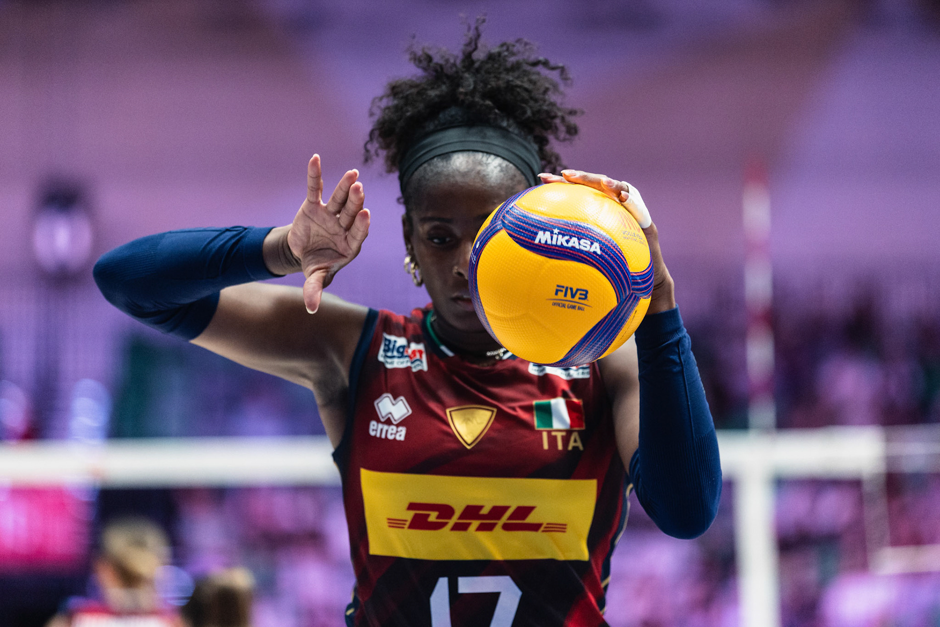 HONG KONG, China - JULY  08: Miryam Sylla of Italy ready to serves during Volleyball Nations League Hong Kong 2026 at Kai Tak Arena on July 8, 2026 in Hong Kong, China, (Photo by Jack Ng/Alamy Live News)