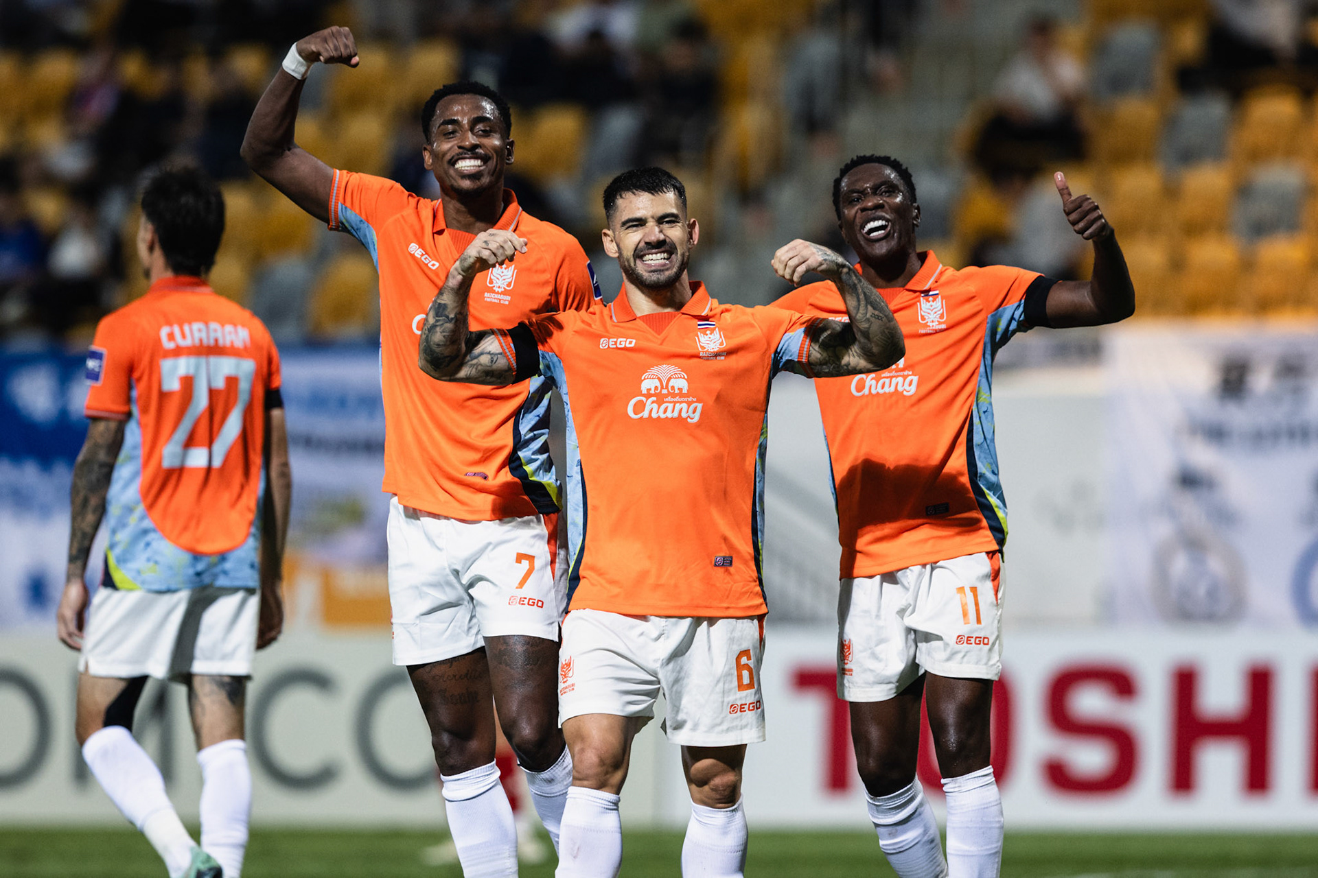 Mong Kok Stadium, HONG KONG, China: Tana of Ratchaburi FC (6), Negueba of Ratchaburi FC (11), Denilson of Ratchaburi FC (7) celebrates after Tana’s goal during AFC Champions League TWO - Eastern FC vs Ratchaburi FC at Mong Kok Stadium on November 5, 2025 in Hong Kong, China, (Photo by Jack Ng/Alamy Live News)