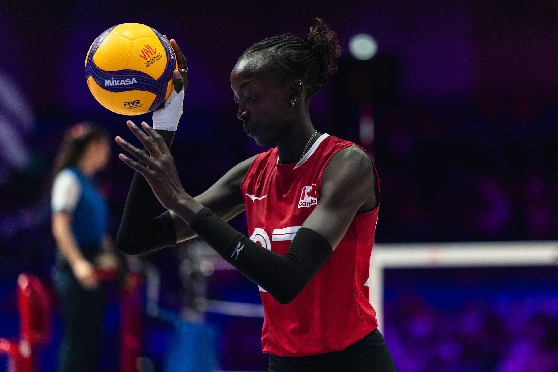 HONG KONG, China - JULY  12: Nyadholi Thokbuom (No. 27) of Canada serves the ball to start the rally during Volleyball Nations League Hong Kong 2026 at Kai Tak Arena on July 12, 2026 in Hong Kong, China, (Photo by Jack Ng/Pixel Images Hong Kong)