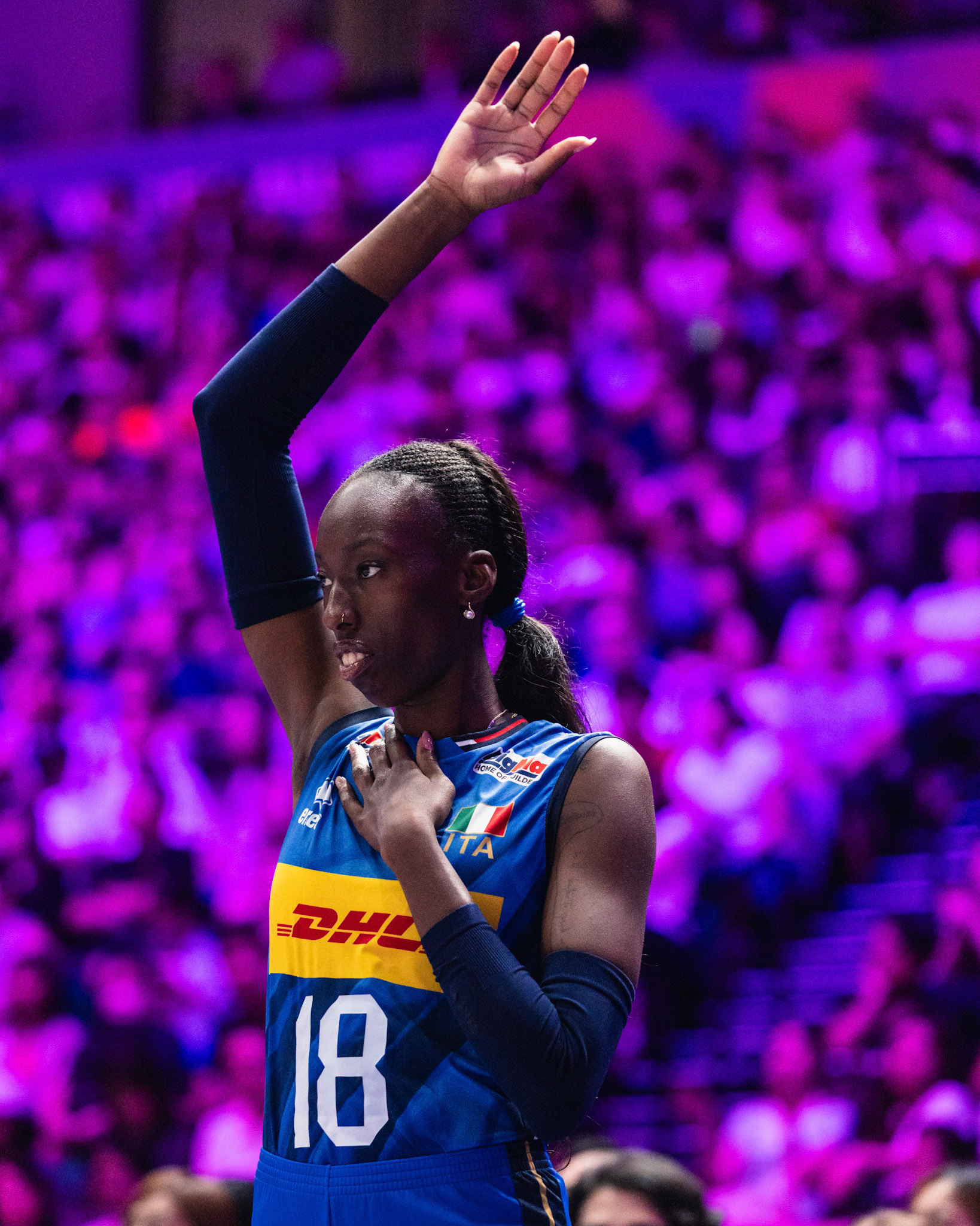 HONG KONG, China - JULY  12: Paola Egonu (No. 18) of Italy reacts during Volleyball Nations League Hong Kong 2026 at Kai Tak Arena on July 12, 2026 in Hong Kong, China, (Photo by Jack Ng/Pixel Images Hong Kong)