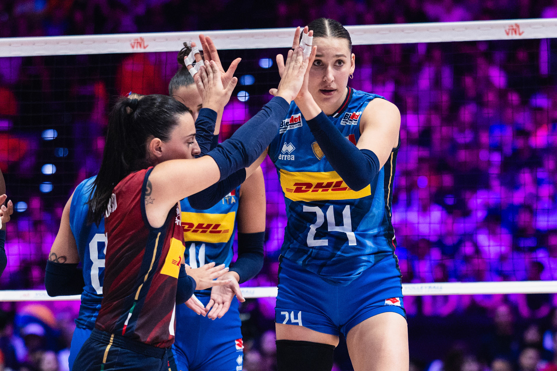 HONG KONG, China - JULY  12: Ekaterina Antropova (No. 24) of Italy celebrates scoring a point with Eleonora Fersino (No. 7) of Italy during Volleyball Nations League Hong Kong 2026 at Kai Tak Arena on July 12, 2026 in Hong Kong, China, (Photo by Jack Ng/Pixel Images Hong Kong)