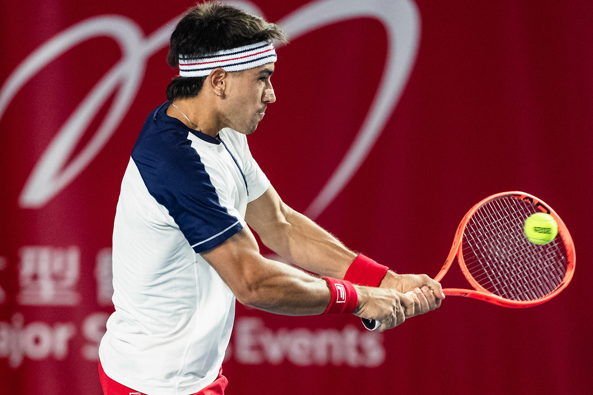 HONG KONG, China - JANUARY 06: Francisco Comesana of Argentina hits the ball during the Bank of China Hong Kong Tennis Open 2026 (ATP 250) men's single round of 32 match against Juncheng Shang of China at Victoria Park Tennis Centre Court on January 6, 2026 in Hong Kong, China, (Photo by Jack Ng/Alamy Live News)