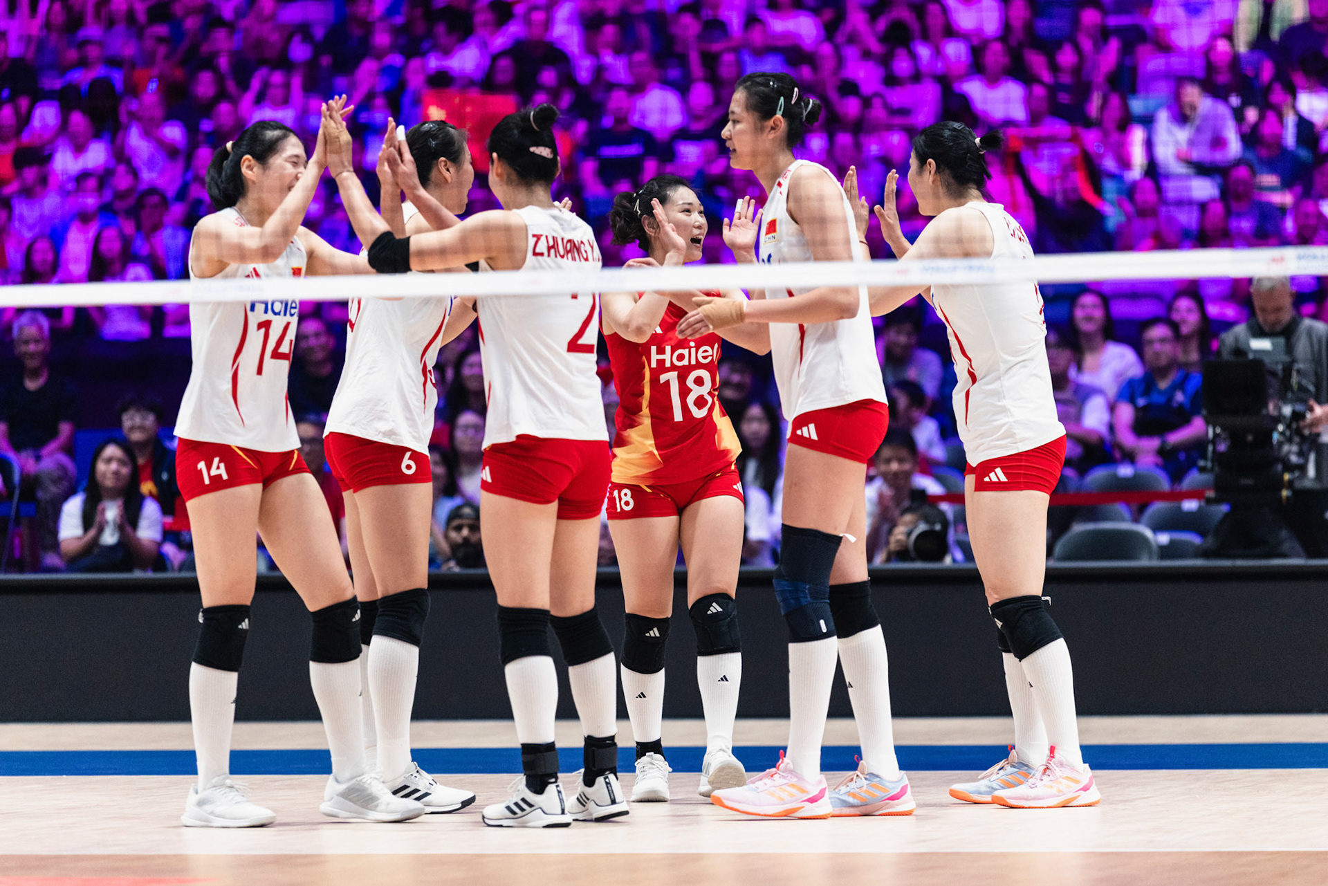 HONG KONG, China - JULY  12: Players of China celebrate scoring a point during Volleyball Nations League Hong Kong 2026 at Kai Tak Arena on July 12, 2026 in Hong Kong, China, (Photo by Jack Ng/Pixel Images Hong Kong)