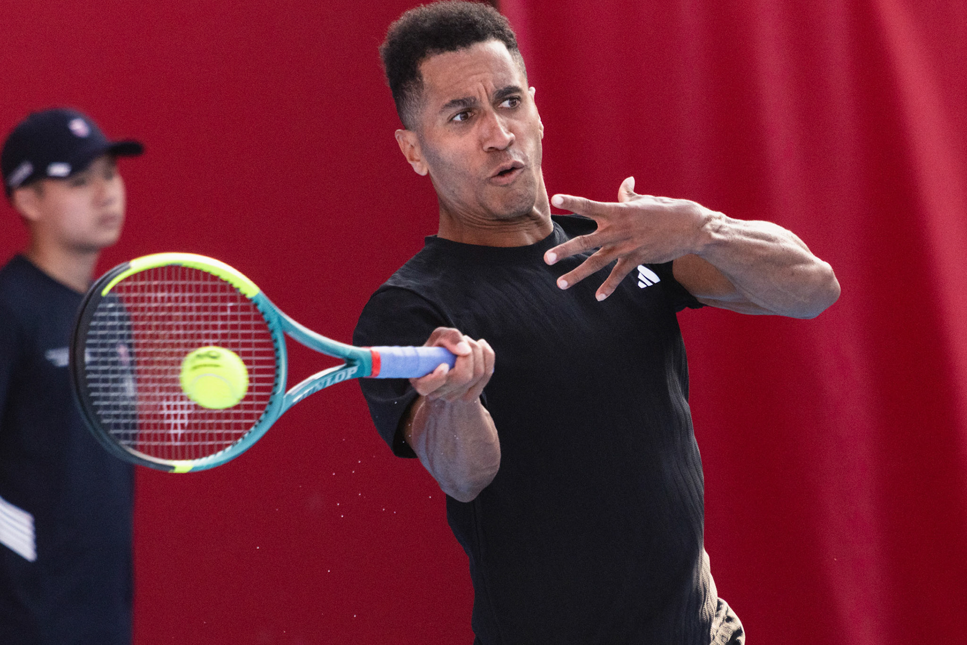 HONG KONG, China - JANUARY 04: Michael Mmoh of the United States seen in action during Bank of China Hong Kong Tennis Open 2026 (ATP 250) men's single qualifying match against Cristian Garin of Chile at Victoria Park Tennis Centre Court on January 4, 2026 in Hong Kong, China, (Photo by Jack Ng/Alamy Live News)