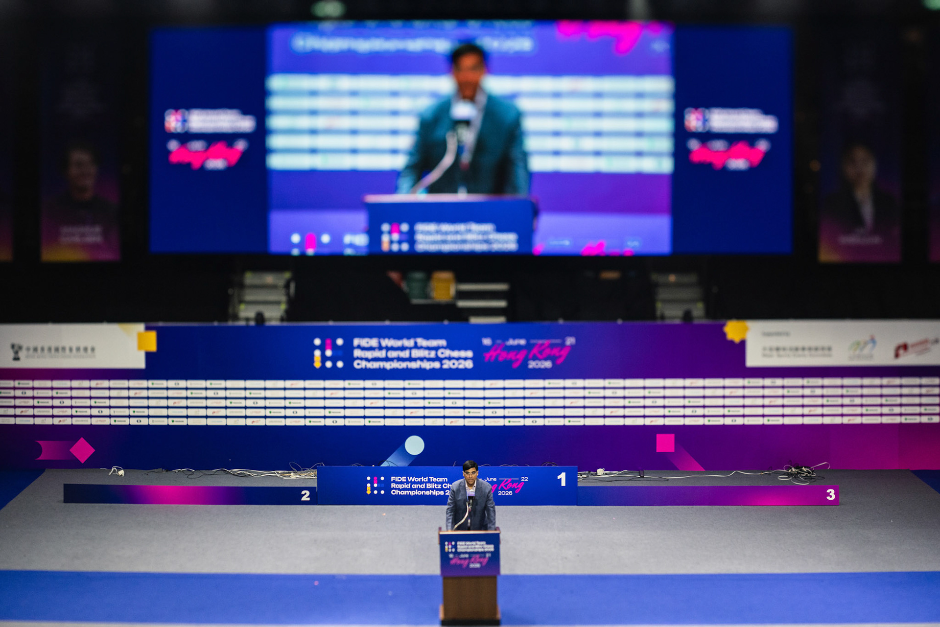 HONG KONG, China - JUNE 21: FIDE Deputy President Viswanathan Anand speaks during the closing ceremony of the FIDE World Team Rapid and Blitz Chess Championships 2026 at Queen Elizabeth Stadium on June 21, 2026 in Hong Kong, China, (Photo by Jack Ng/Alamy Live News)