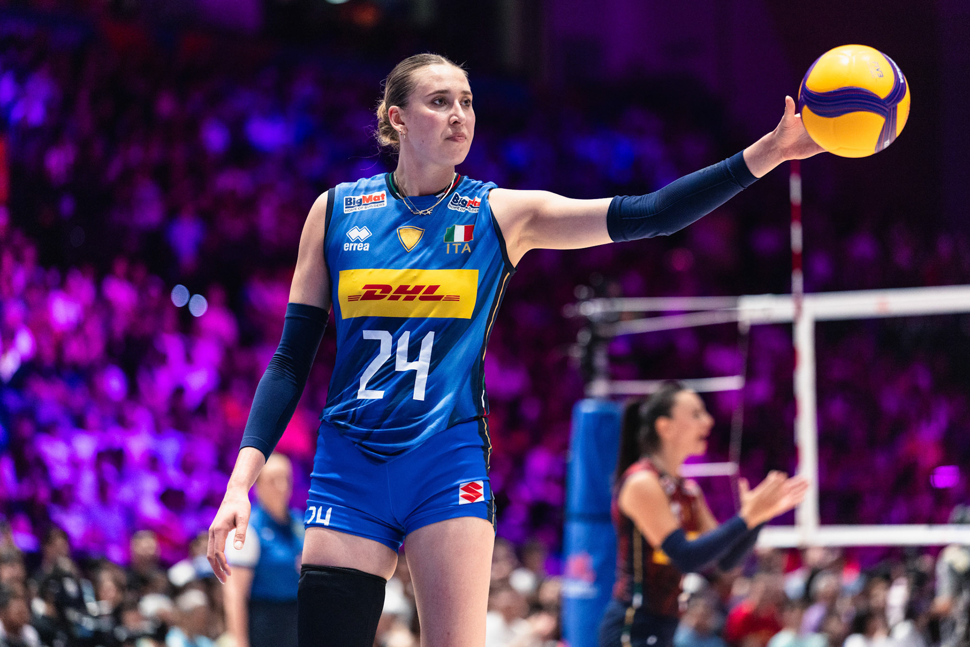 HONG KONG, China - JULY  12: Ekaterina Antropova (No. 24) of Italy serves the ball to start the rally during Volleyball Nations League Hong Kong 2026 at Kai Tak Arena on July 12, 2026 in Hong Kong, China, (Photo by Jack Ng/Pixel Images Hong Kong)