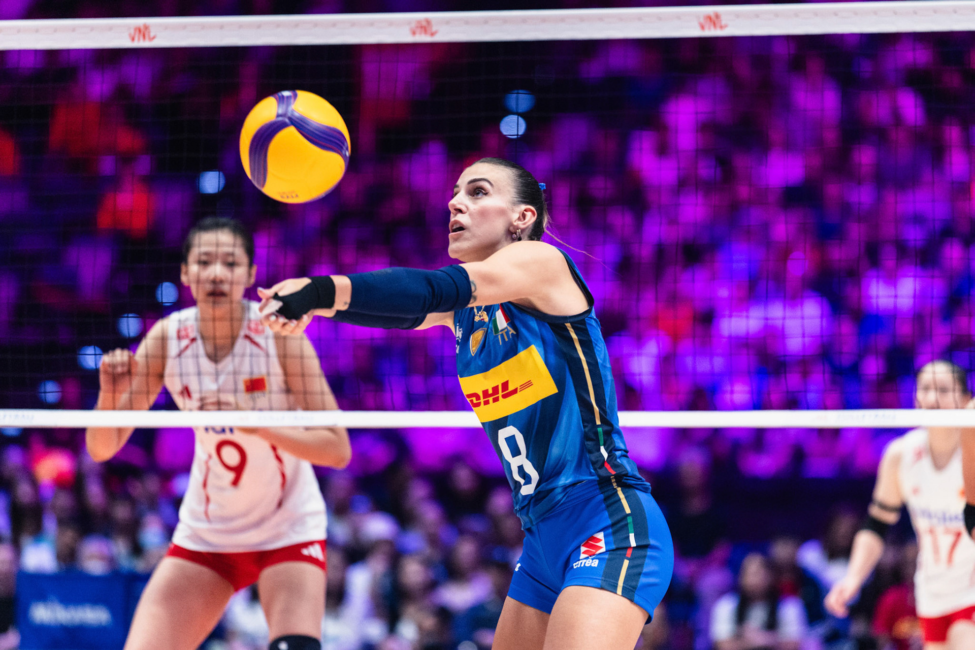 HONG KONG, China - JULY  12: Alessia Orro (No. 8) of Italy sets the ball for a teammate during Volleyball Nations League Hong Kong 2026 at Kai Tak Arena on July 12, 2026 in Hong Kong, China, (Photo by Jack Ng/Pixel Images Hong Kong)