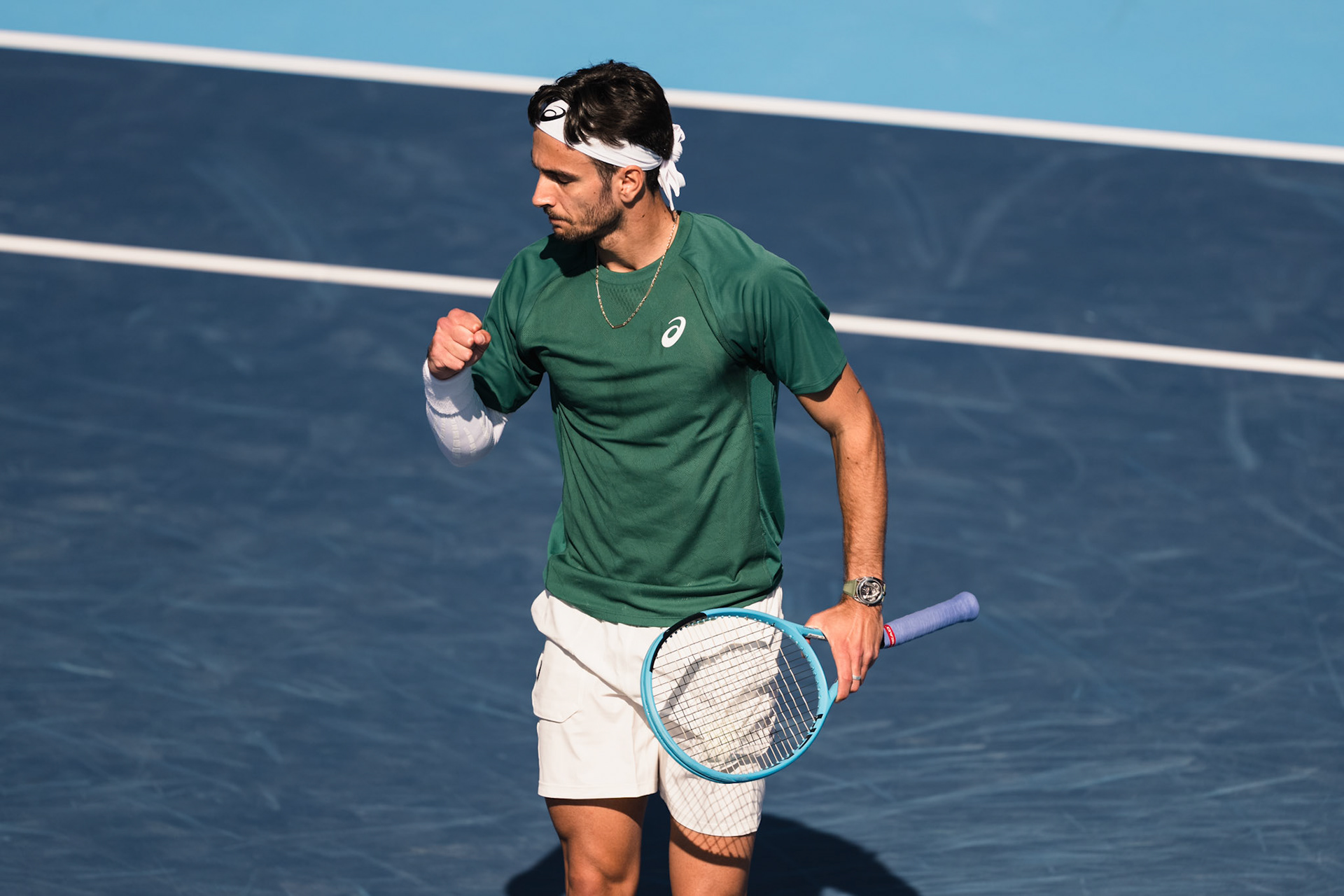 HONG KONG, China - JANUARY 09: Lorenzo Musetti of Italy celebrates after winning a point during the Bank of China Hong Kong Tennis Open 2026 (ATP 250) men's single quarter finals match against Coleman Wong of Hong Kong, China at Victoria Park Tennis Centre Court on January 9, 2026 in Hong Kong, China, (Photo by Jack Ng/Alamy Live News)