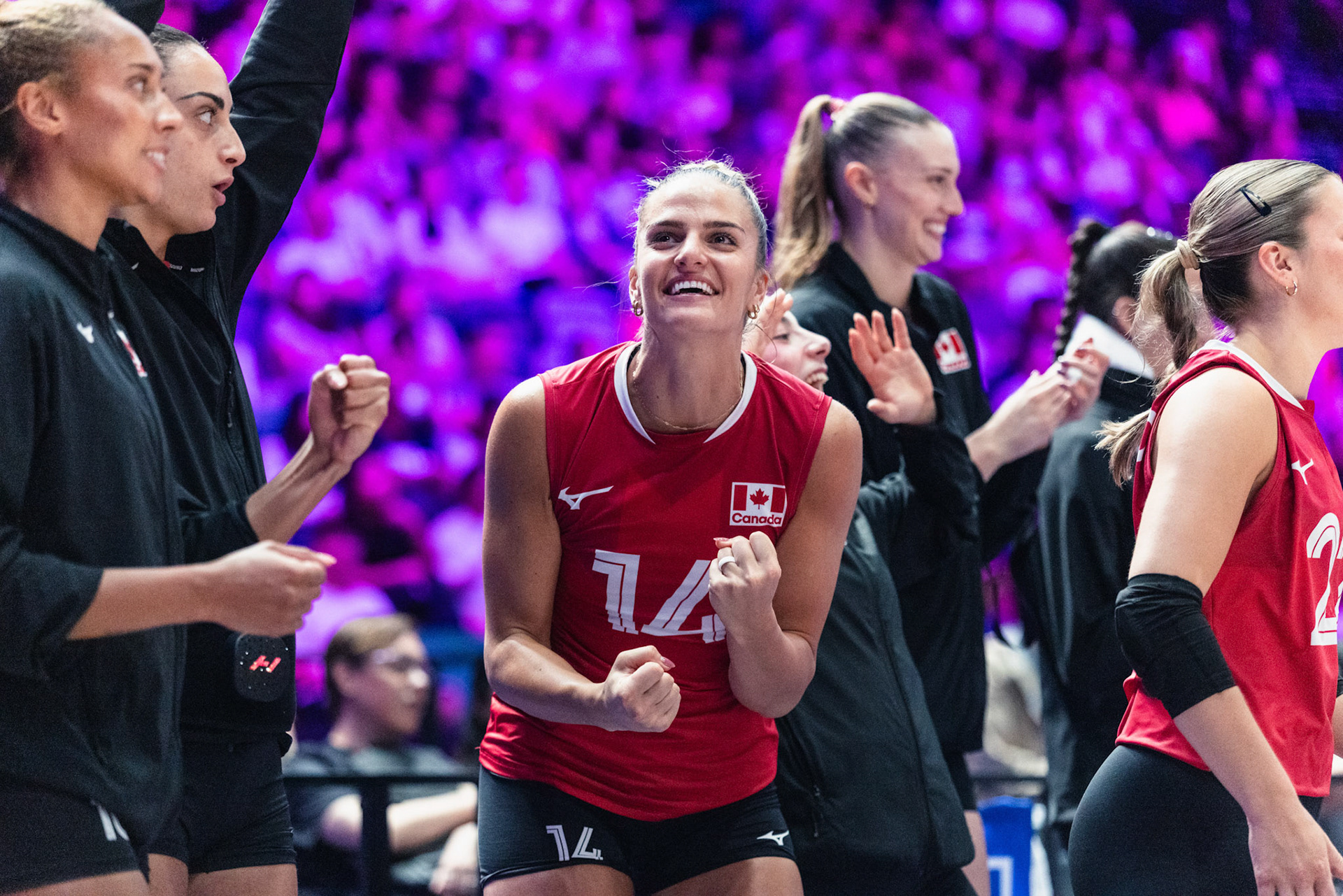 HONG KONG, China - JULY  08: Players of Canada celebrate scoring a point during Volleyball Nations League Hong Kong 2026 at Kai Tak Arena on July 8, 2026 in Hong Kong, China, (Photo by Jack Ng/Alamy Live News)