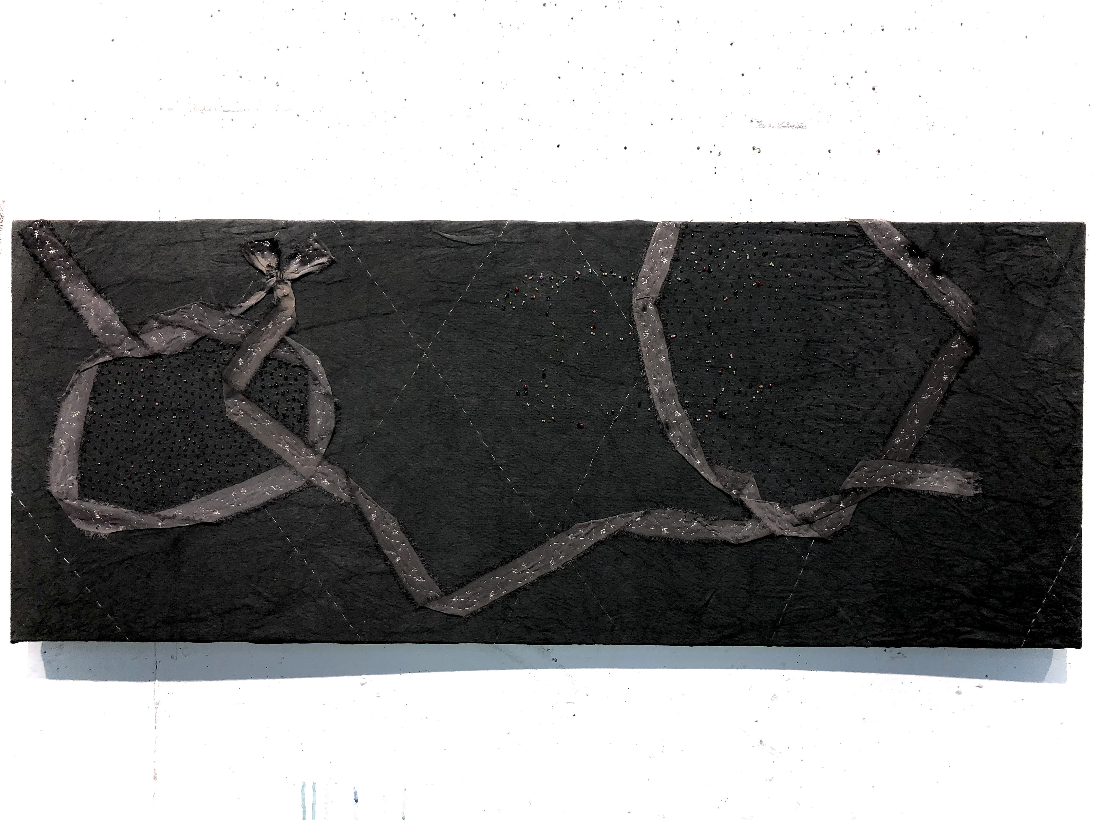 "Finish Line At Dusk" (19" x 48" glass beads, thread and ribbon on dyed canvas)