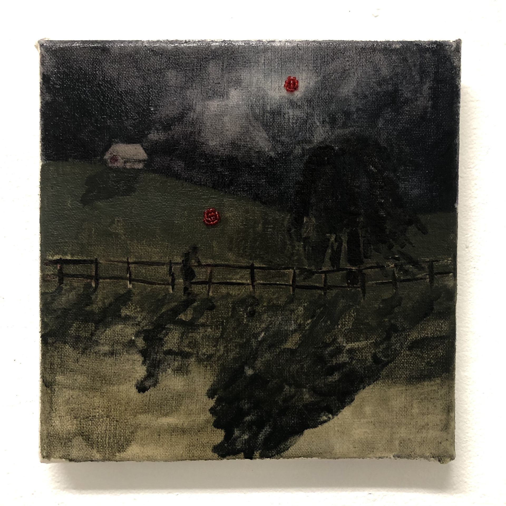 "Even The Moon Has A Shadow" (9" x 9" glass beads, thread, and oil on canvas) NFS