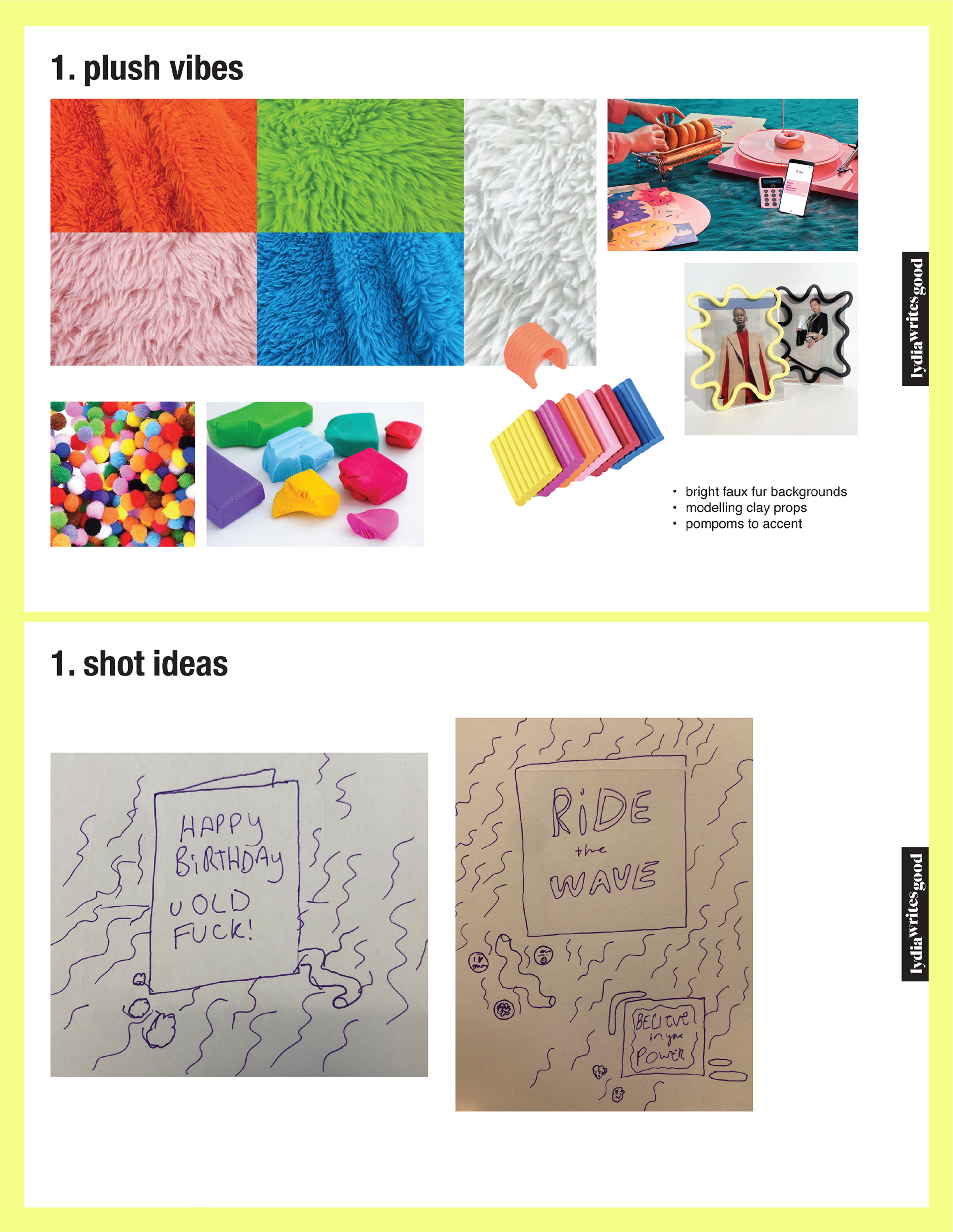 Primary concept. We used multicolor model clay and pompoms as props; I built faux fur-covered pedestals in coordinating colors..