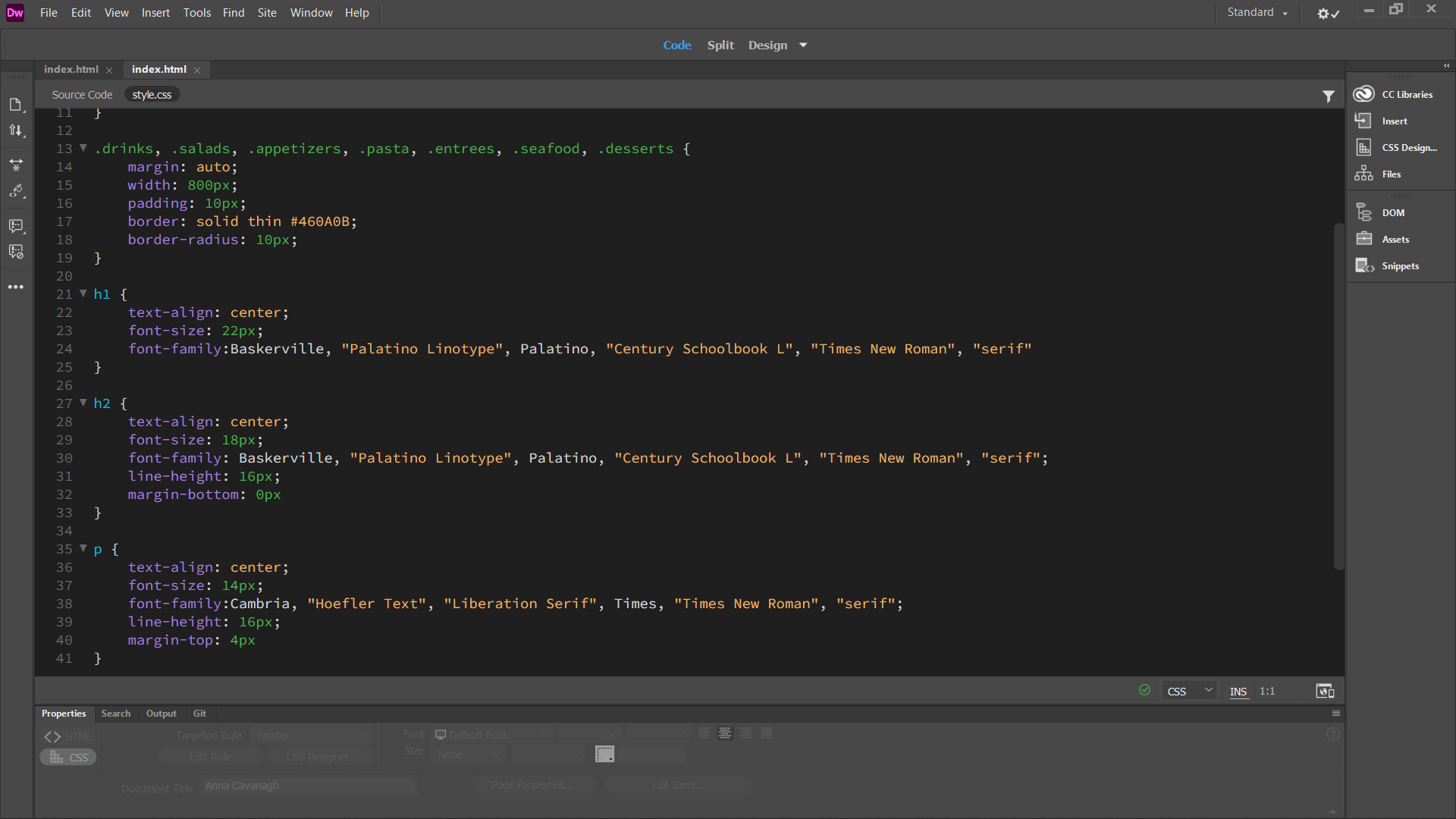 CSS code for the menu page.