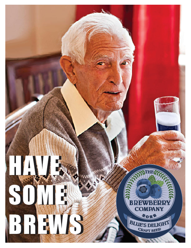 Images are shown with an older man bruised up and sad on the left, and then with another older man, happy with a glass of beer.