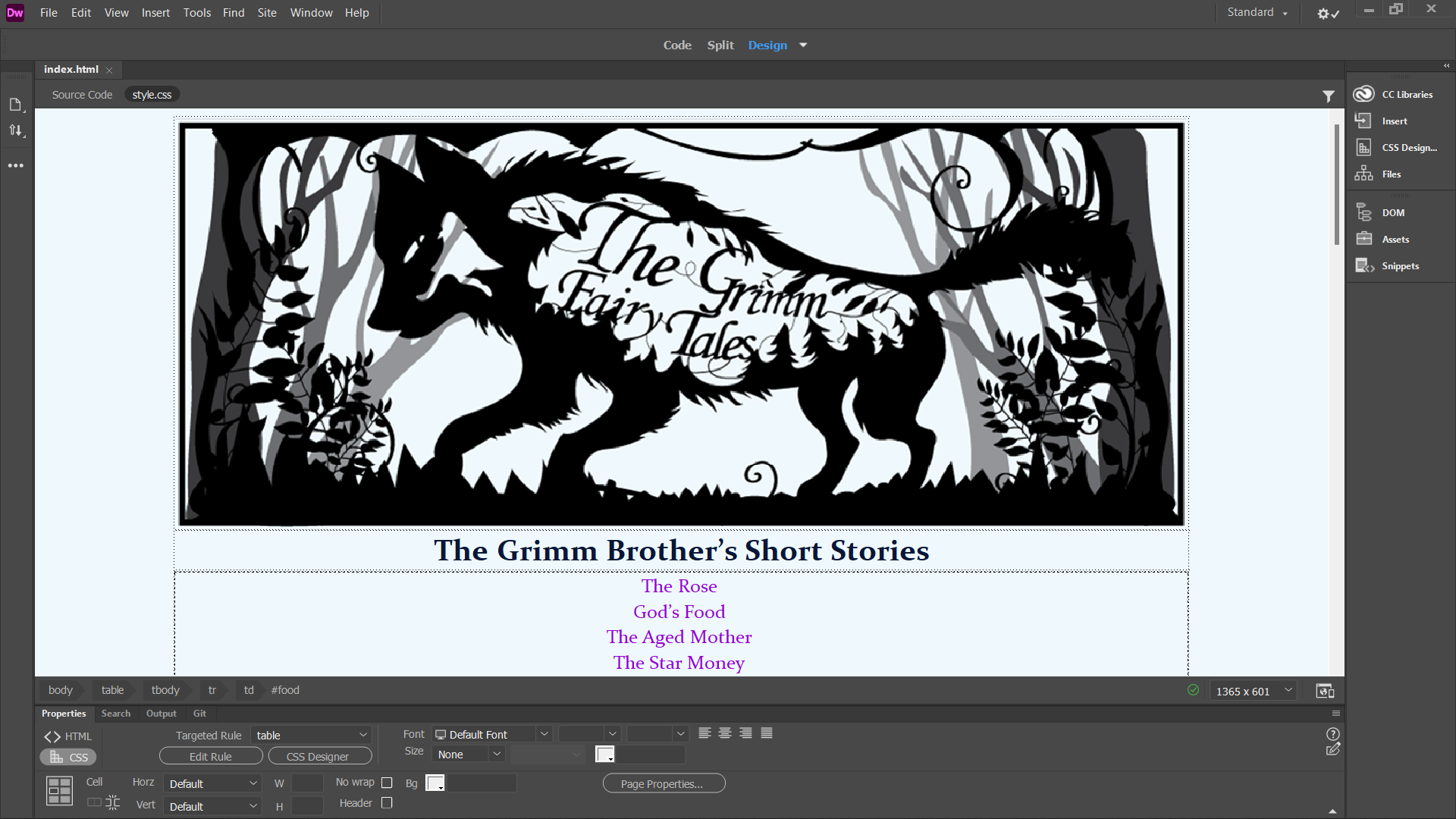 Website in Design view in Dreamweaver.