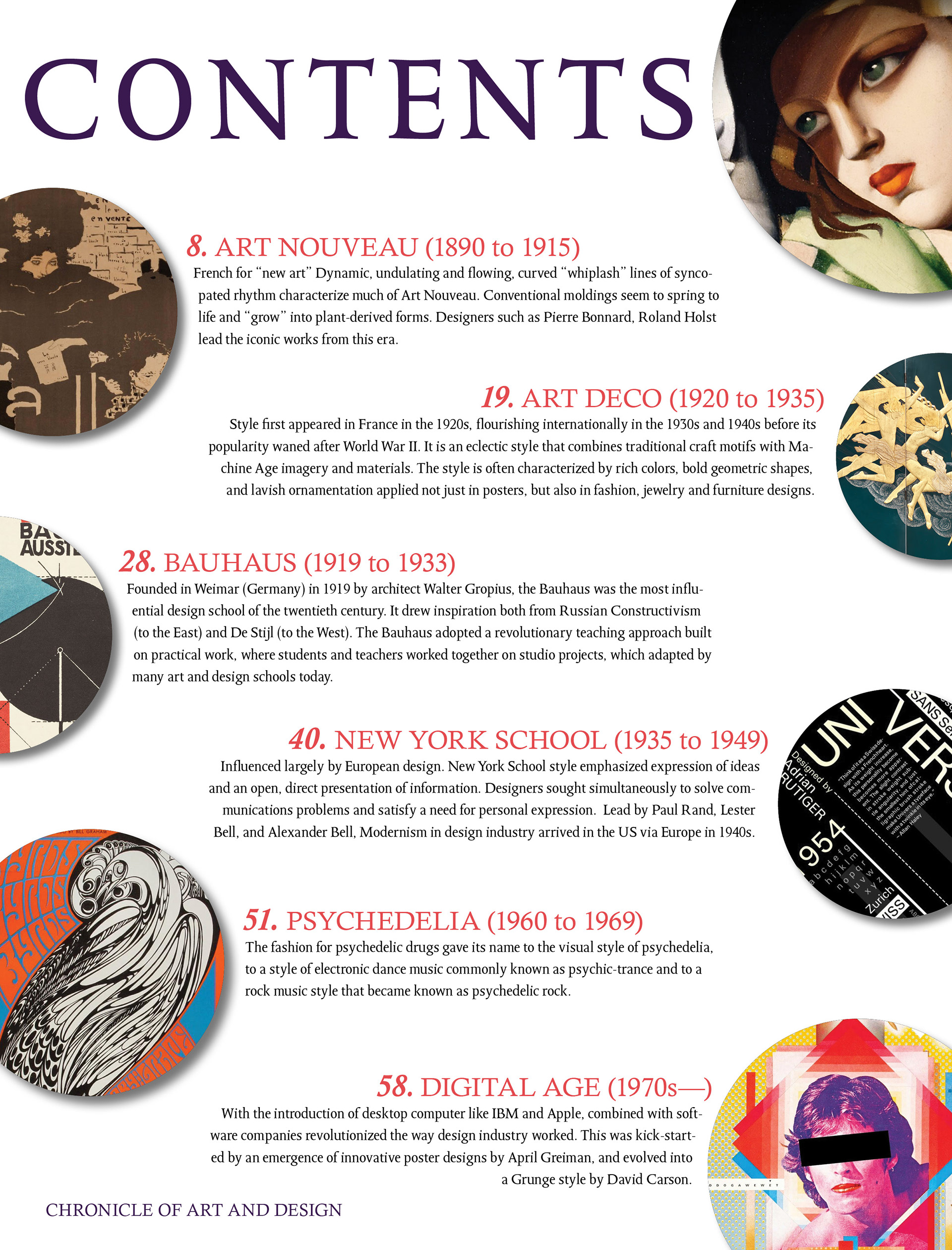 The piece used circular elements in order to lead the eye of the viewer around the page, especially with the image of "Young Lady with Gloves" by Tamara de Lempicka in the top right pointing towards the word "Contents".