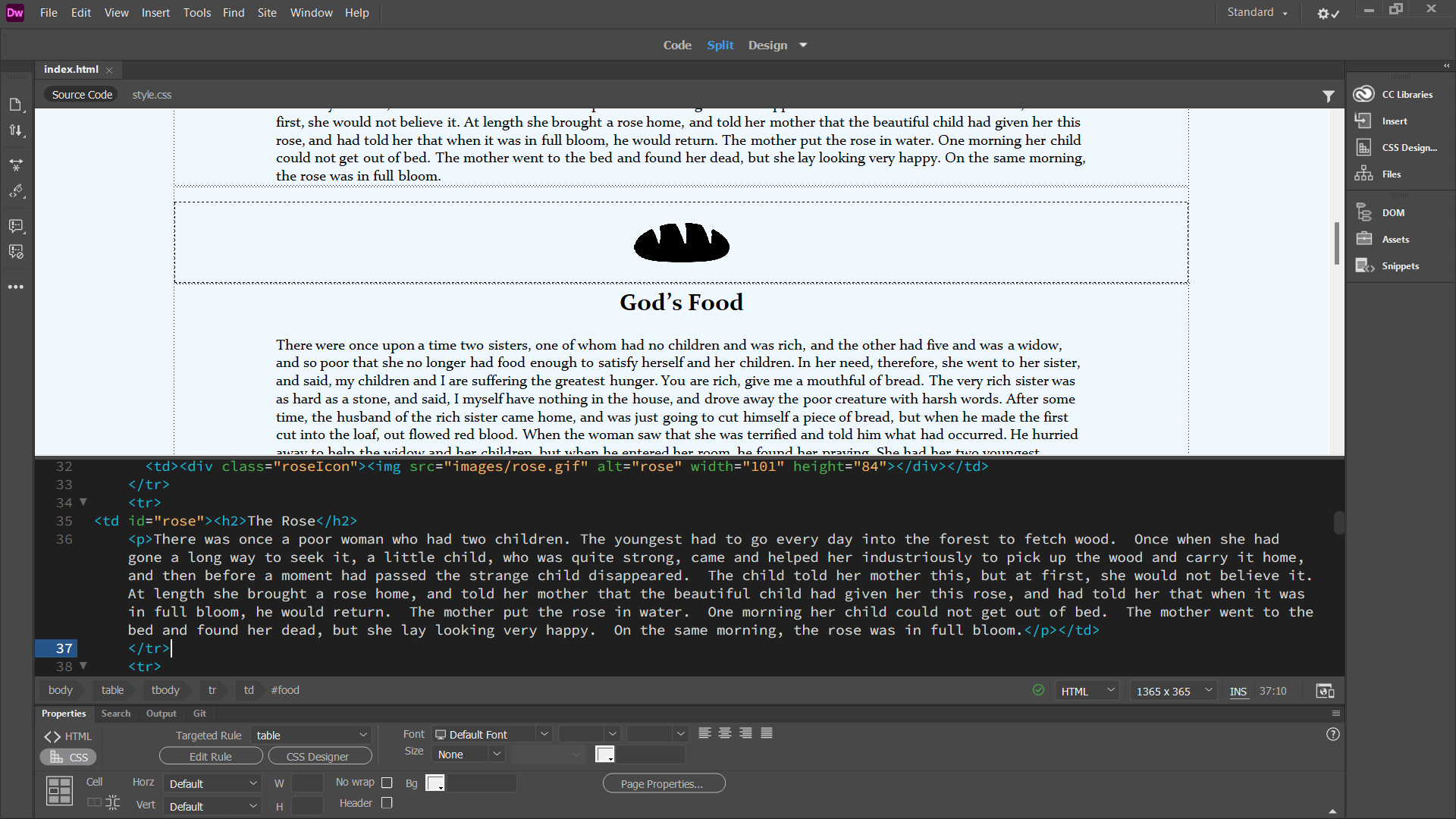 HTML code for one of the short stories on the website.