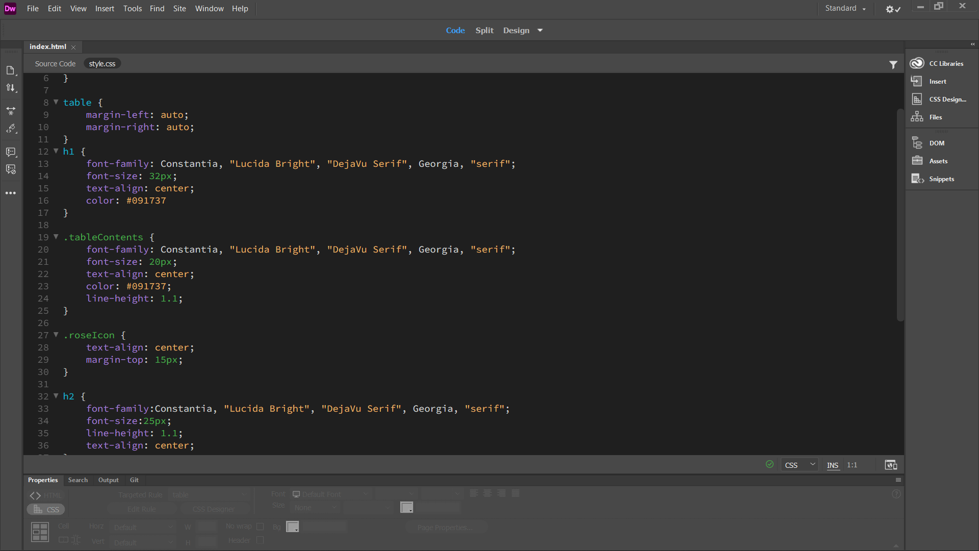 CSS code for the website.
