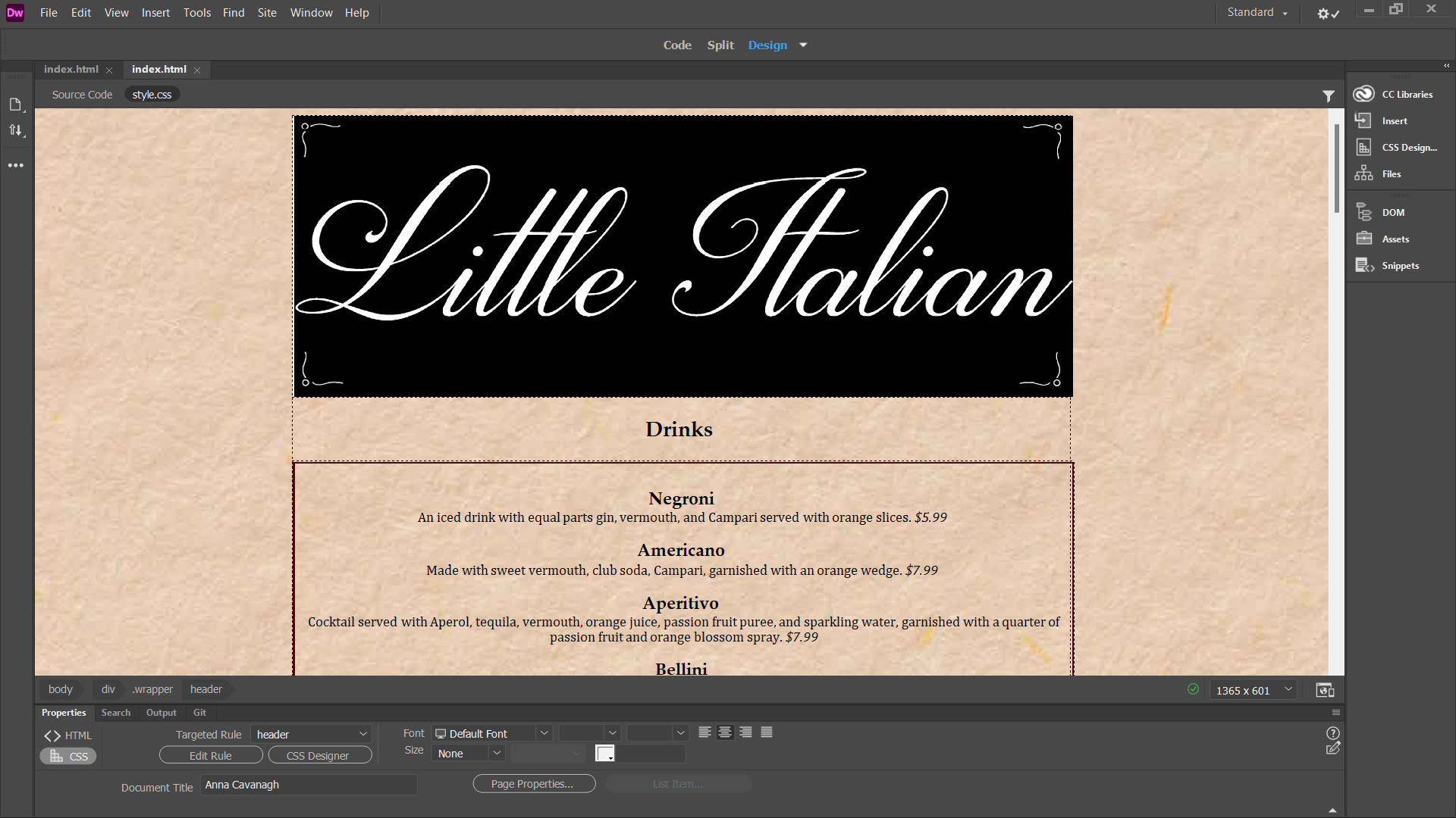 Design view in Dreamweaver showing the masthead design and a bit of the menu.