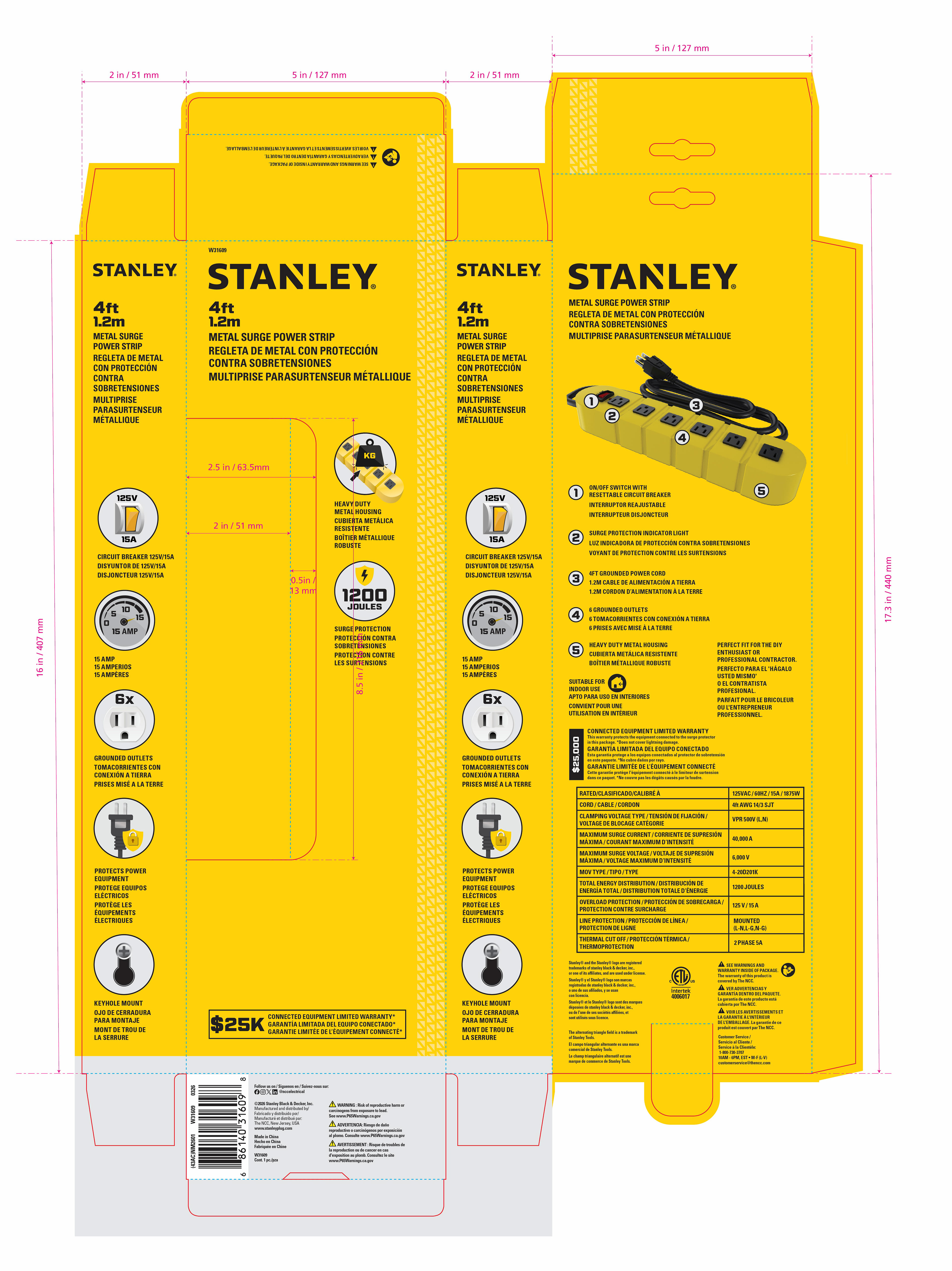 STANLEY 4ft Metal Surge Power Strip - Windowed Color Box (2026 Design)