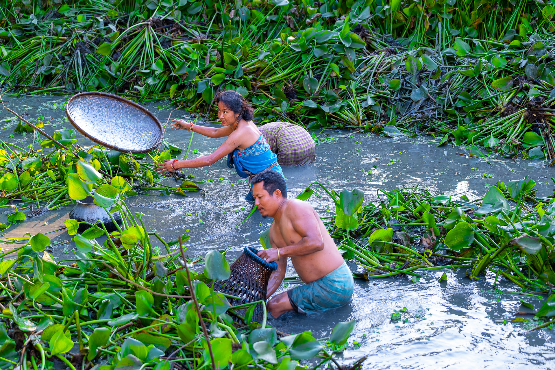 Les paysans pèchent parmi les hautes herbes