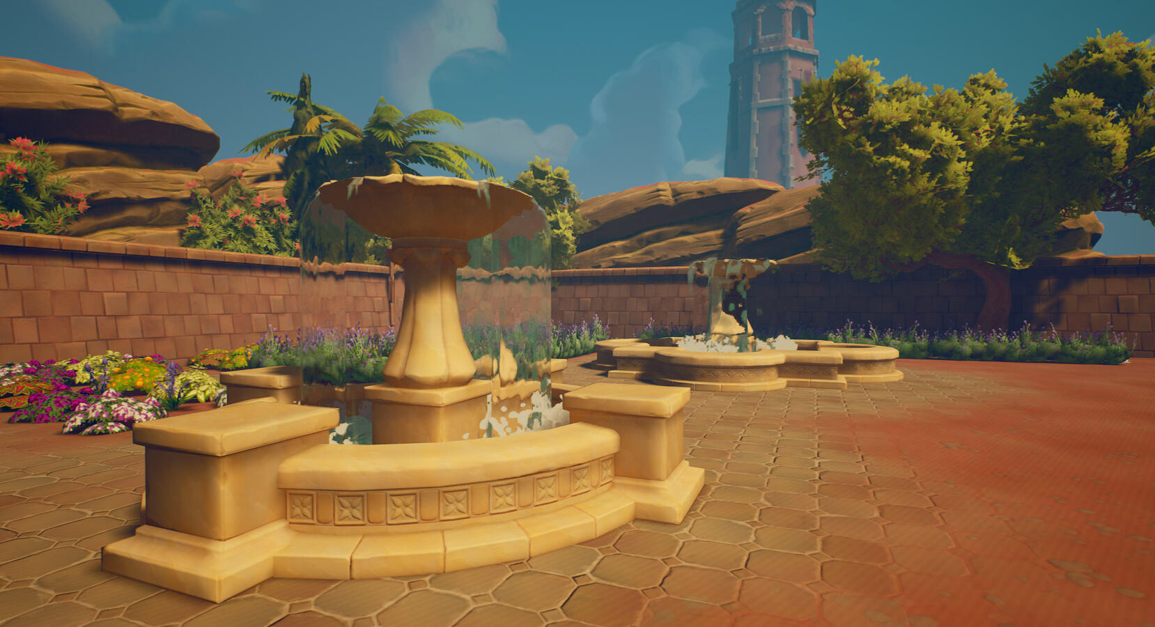 Fountains created using a mix of trimsheet and single elements.