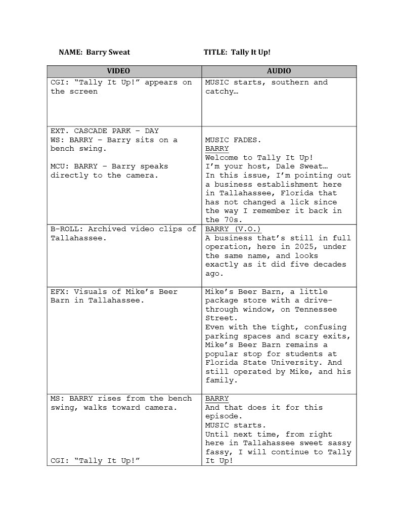 Audio/Visual Script for Final Project Video