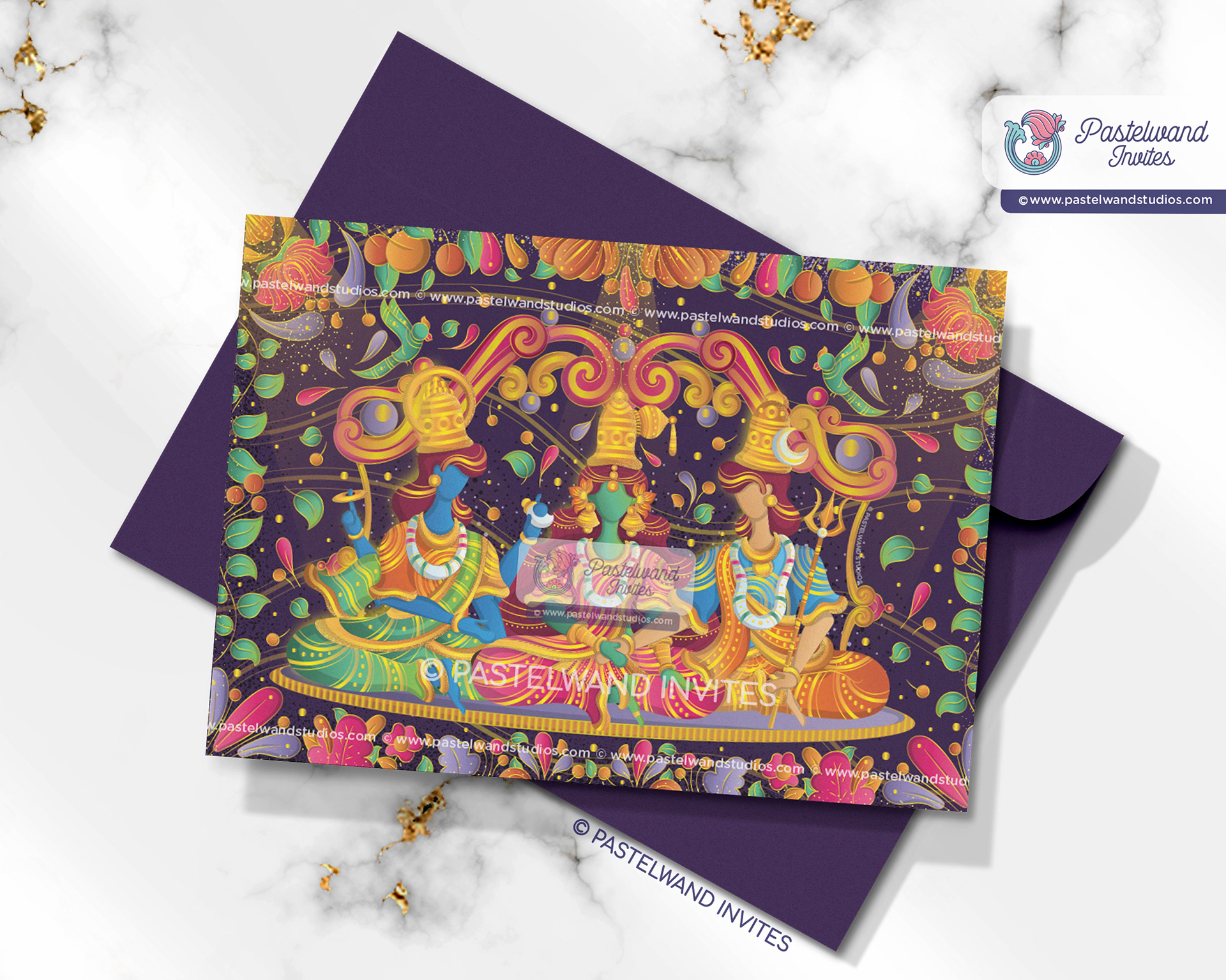 Shiva and Parvati's wedding Invitation was created in Adobe Illustrator in the avant-garde European Art Deco flat illustration style.