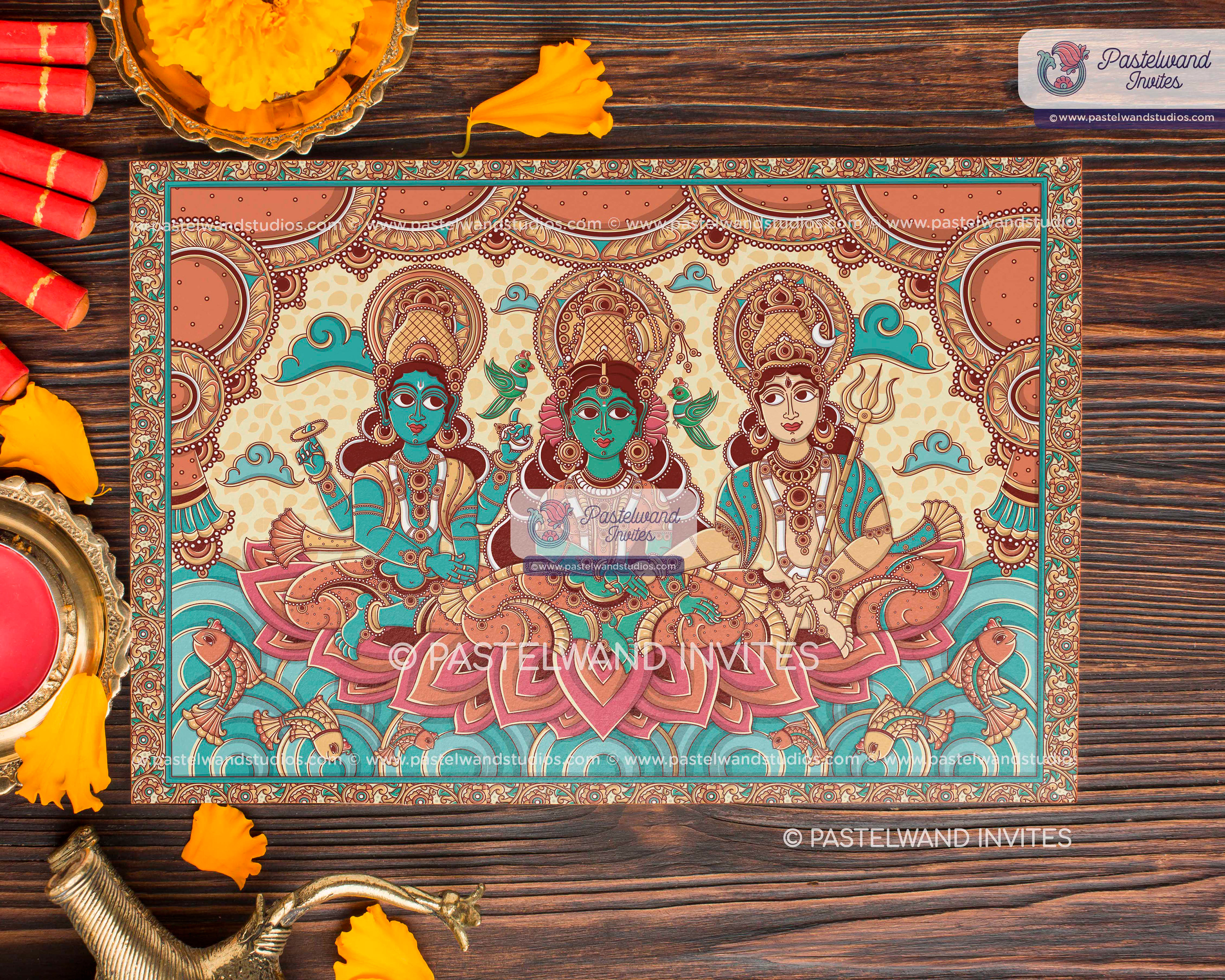 Indian Kalamkari wedding invitation of Shiva Parvati, a traditional Indian folk art from Andhra Pradesh, created in Adobe Illustrator