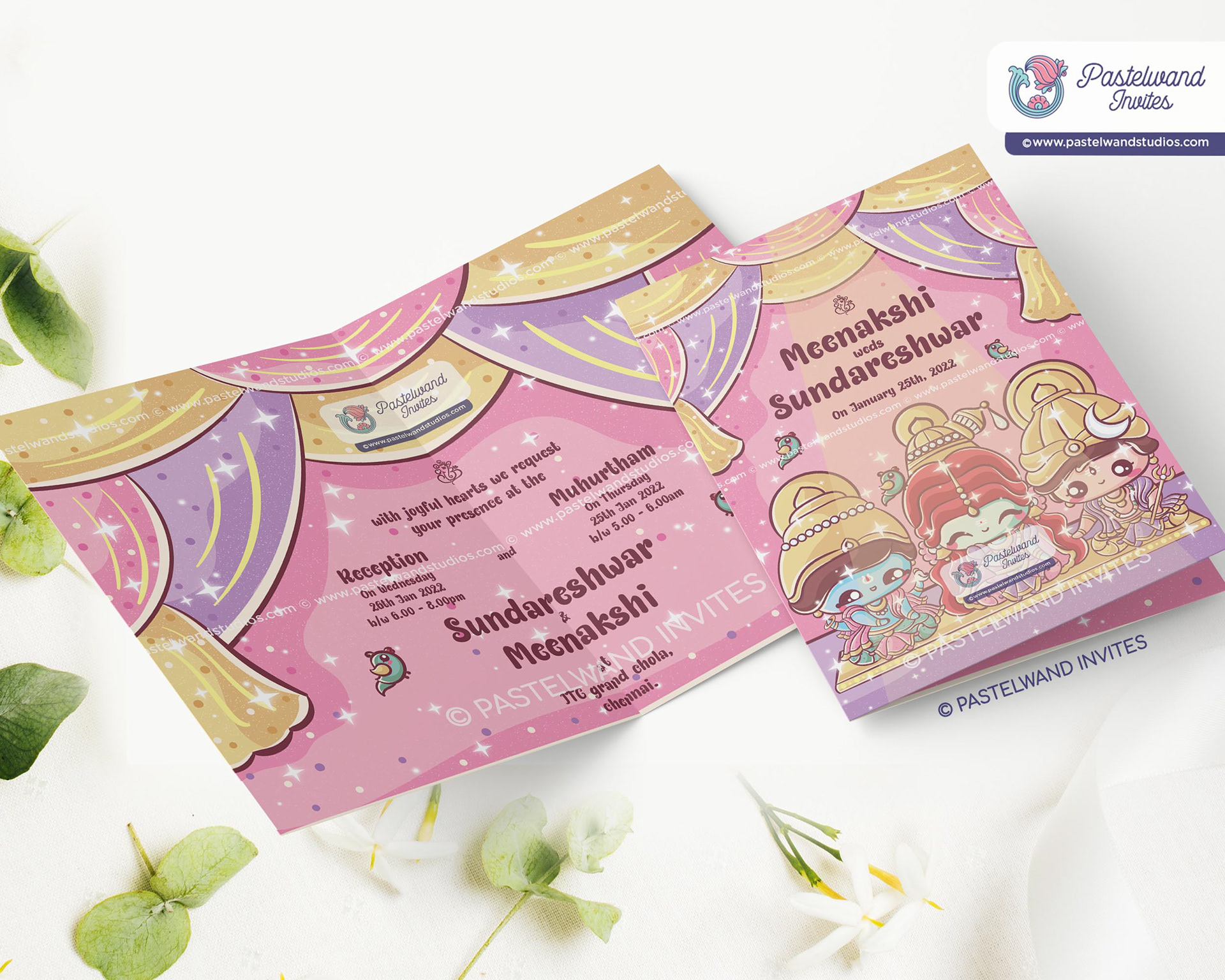 Cute baby shiva parvati madurai Indian wedding invitation created in Adobe Illustrator in lovely pastel colours