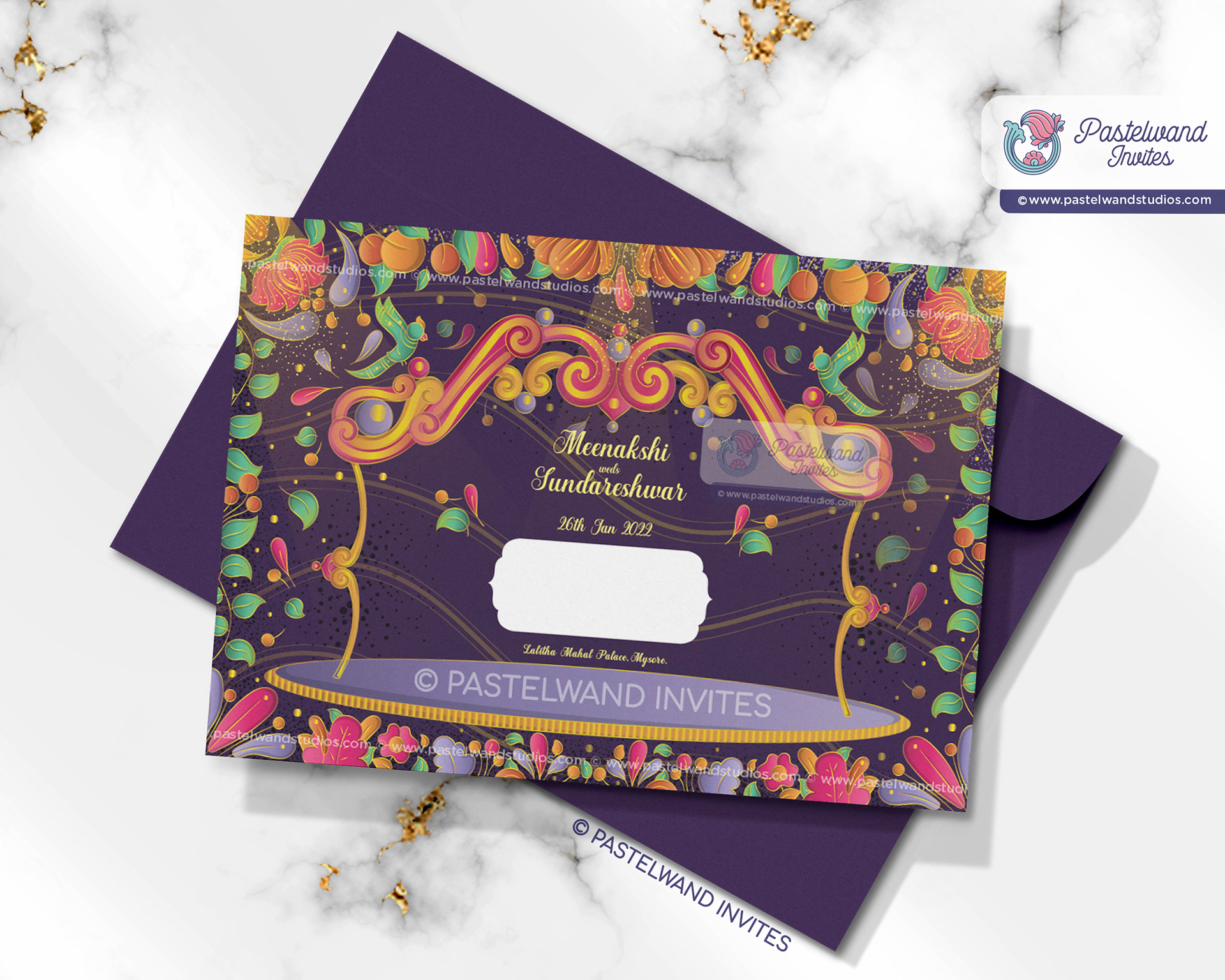 Shiva and Parvati's wedding Invitation was created in Adobe Illustrator in the avant-garde European Art Deco flat illustration style.