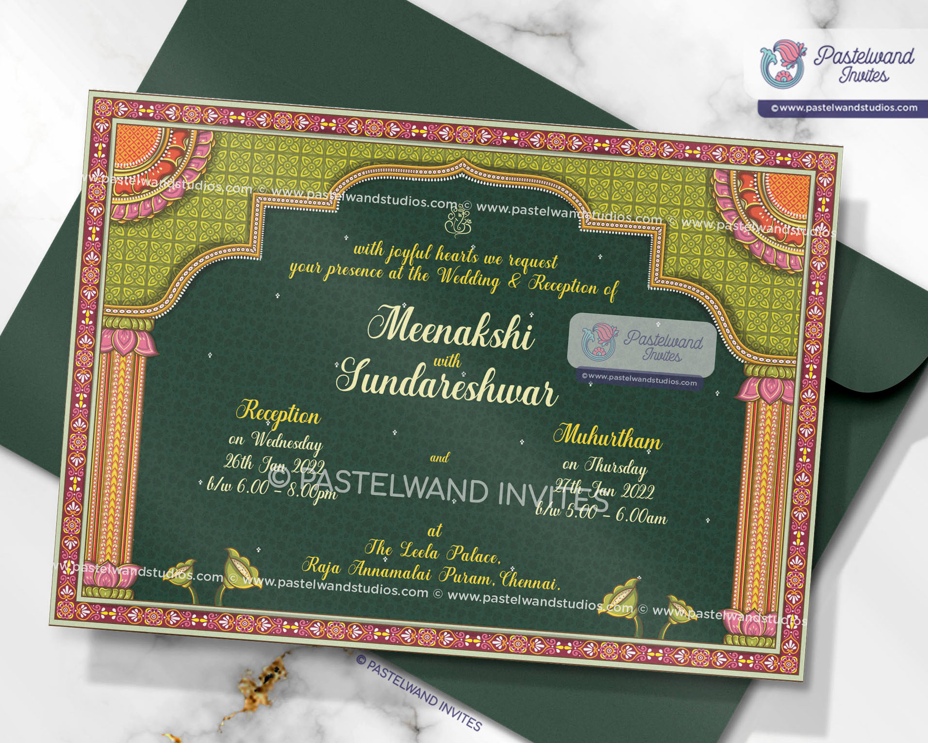 Intricate Shiva Parvati wedding invitation illustration created in Adobe Illustrator using Odisha Pattachitra, a traditional Indian folk art form