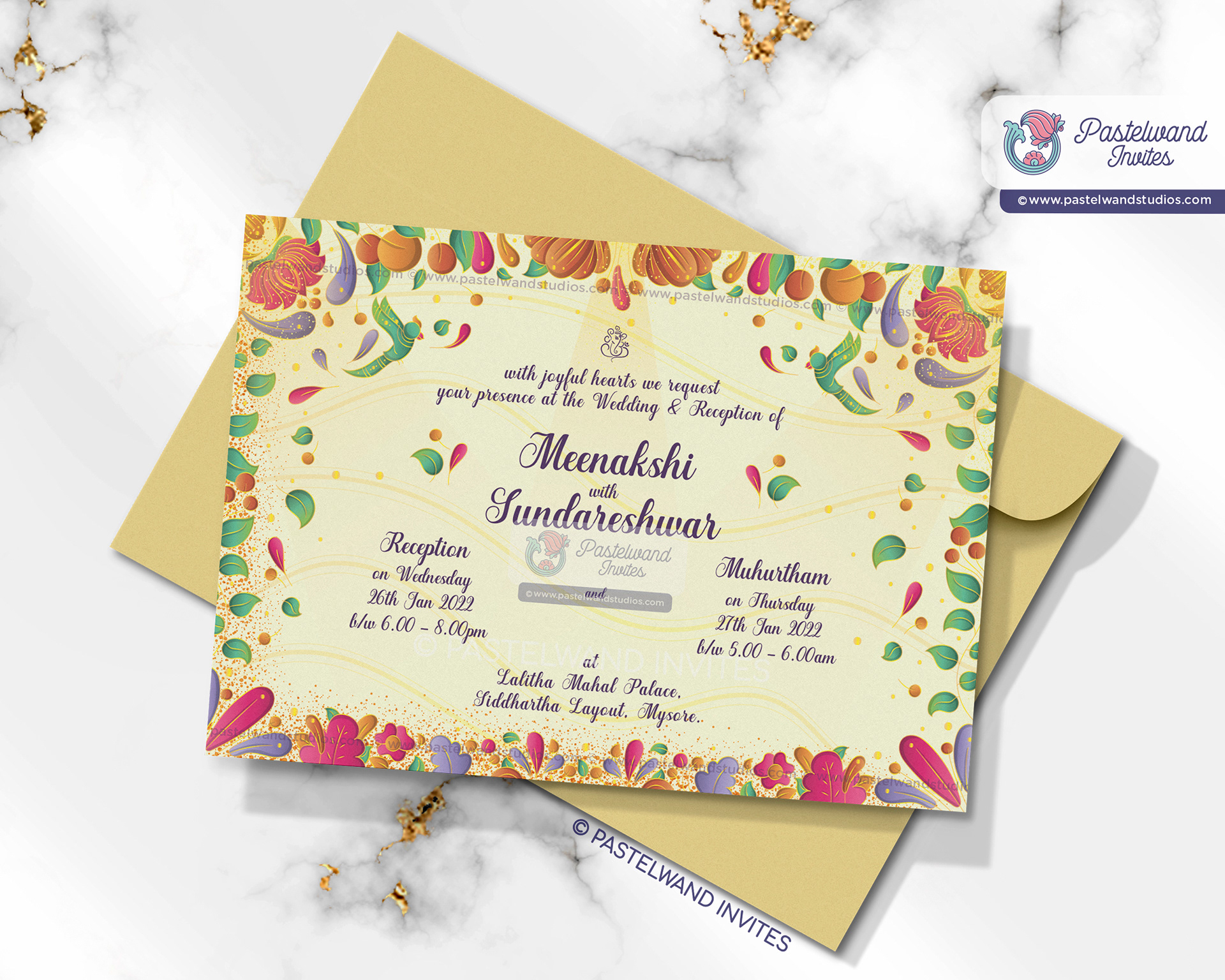 Shiva and Parvati's wedding Invitation was created in Adobe Illustrator in the avant-garde European Art Deco flat illustration style.