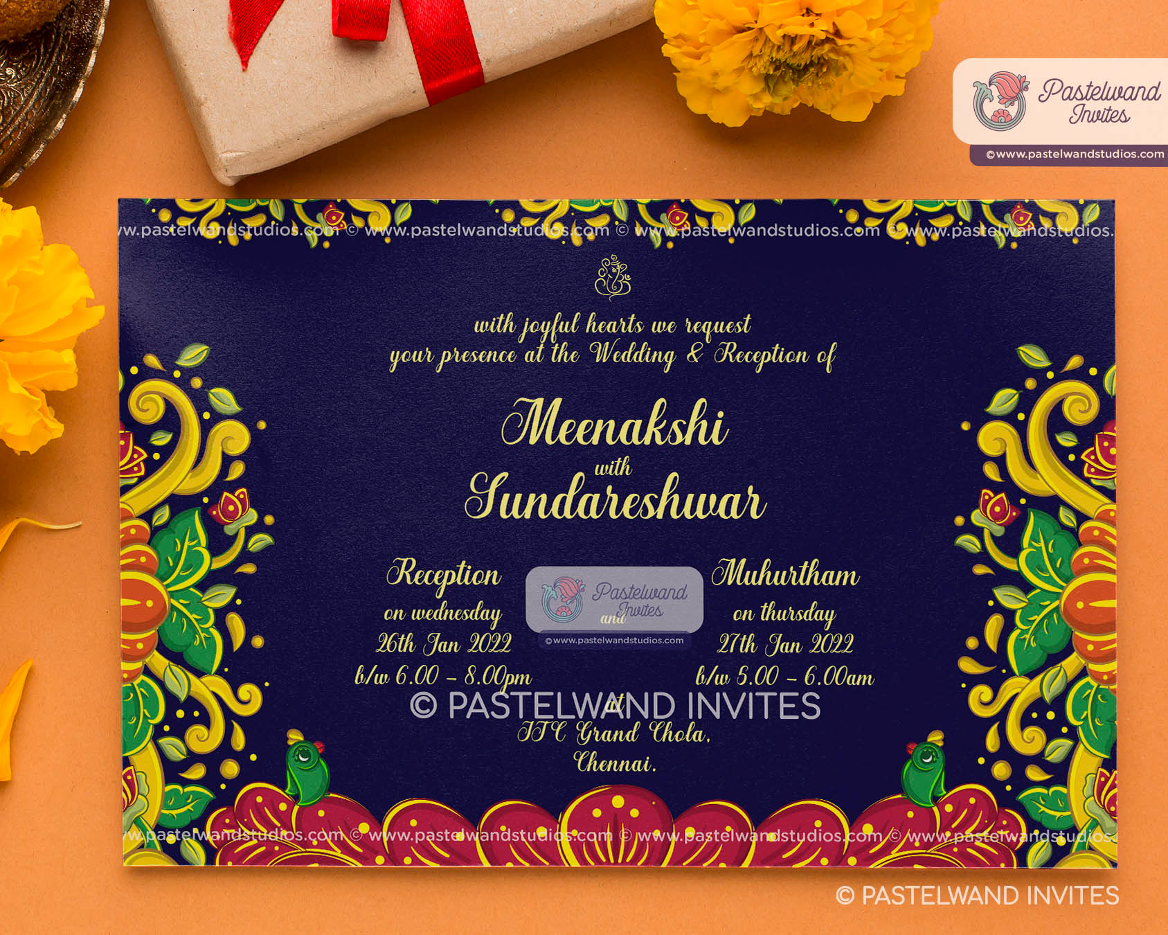 Quirky Shiva Parvati's one-of-a-kind Madurai wedding as Meenakshi Sundareshwarar, a unique wedding invitation with bright, vivid colours